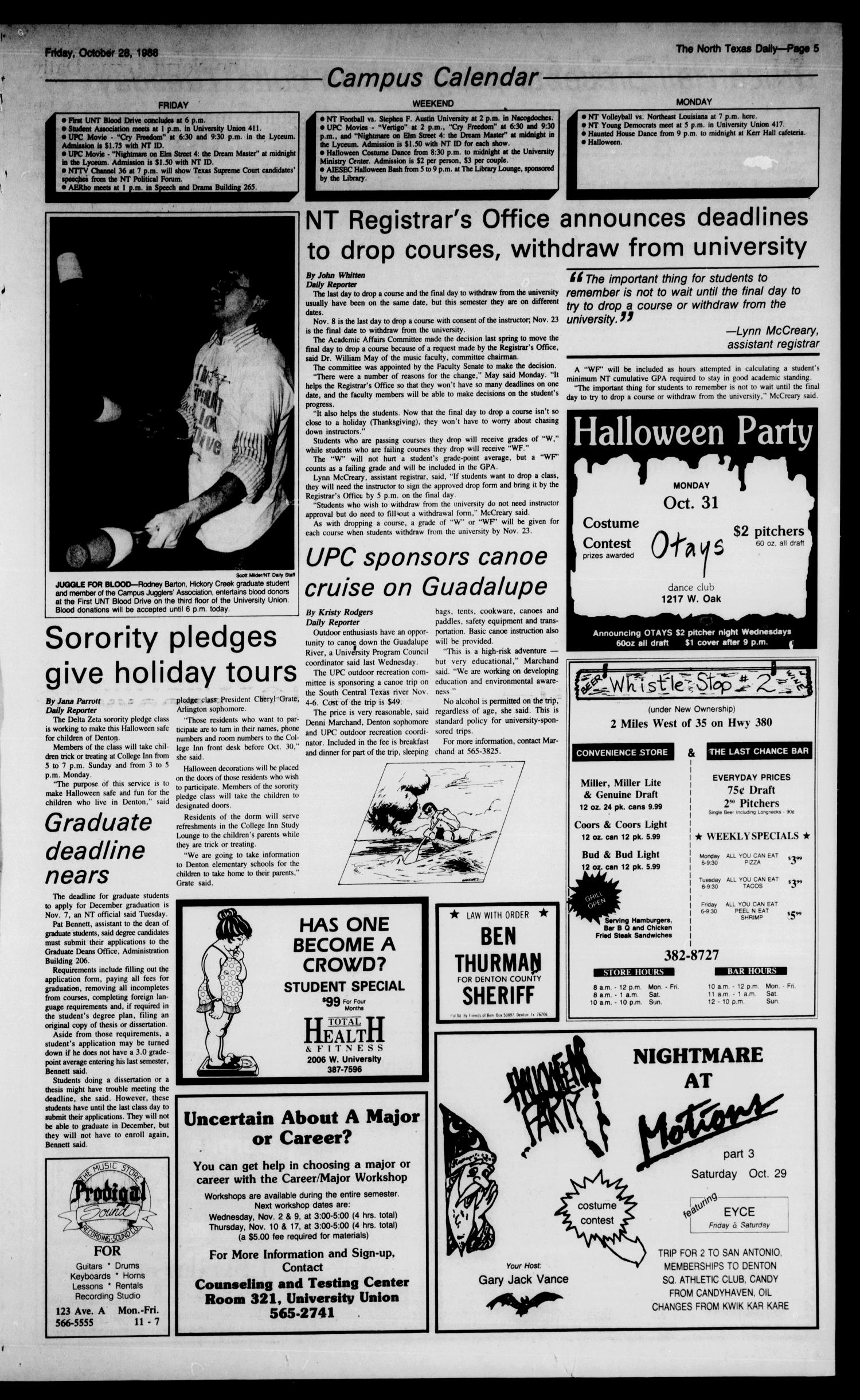 The North Texas Daily (Denton, Tex.), Vol. 72, No. 36, Ed. 1 Friday, October 28, 1988
                                                
                                                    [Sequence #]: 5 of 10
                                                