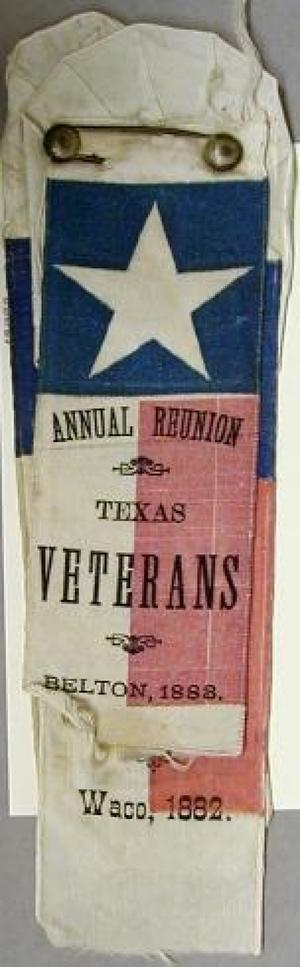 Primary view of object titled '[Three Texas veterans ribbons pinned together]'.