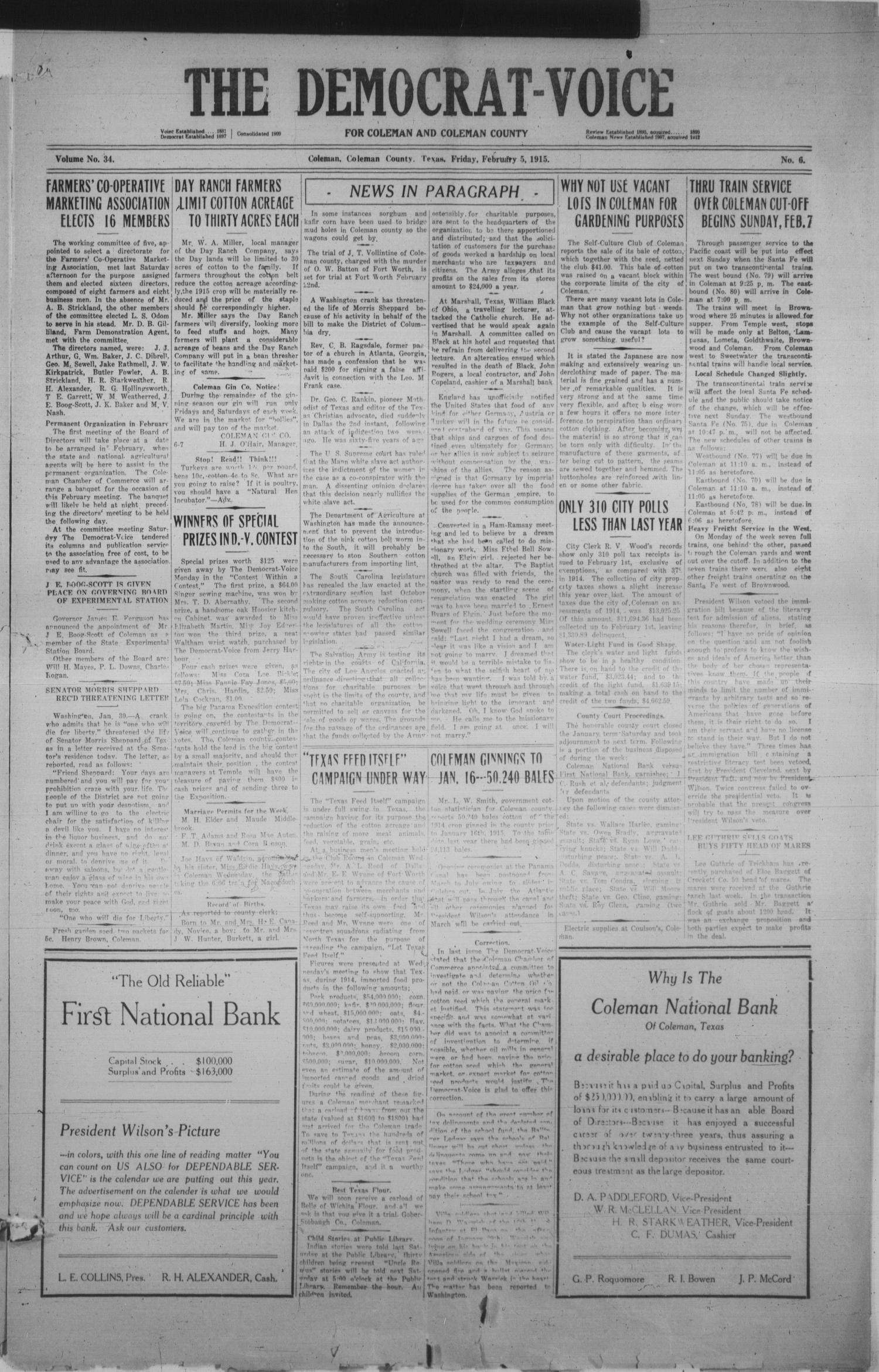 The Democrat-Voice (Coleman, Tex.), Vol. 34, No. 6, Ed. 1 Friday, February 5, 1915
                                                
                                                    [Sequence #]: 1 of 8
                                                