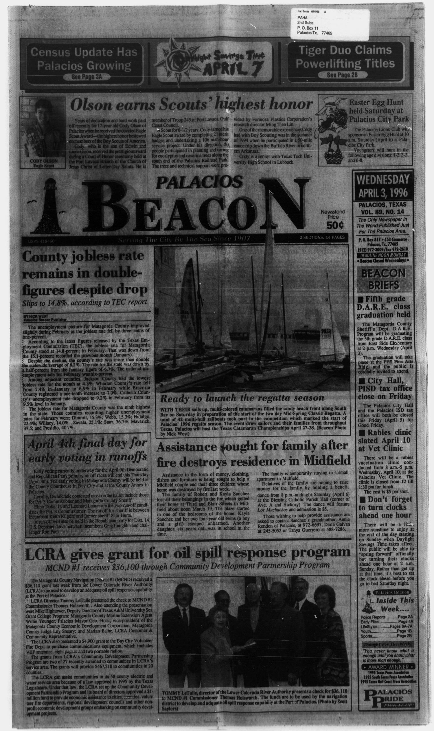 Palacios Beacon (Palacios, Tex.), Vol. 89, No. 14, Ed. 1 Wednesday, April 3, 1996
                                                
                                                    [Sequence #]: 1 of 14
                                                