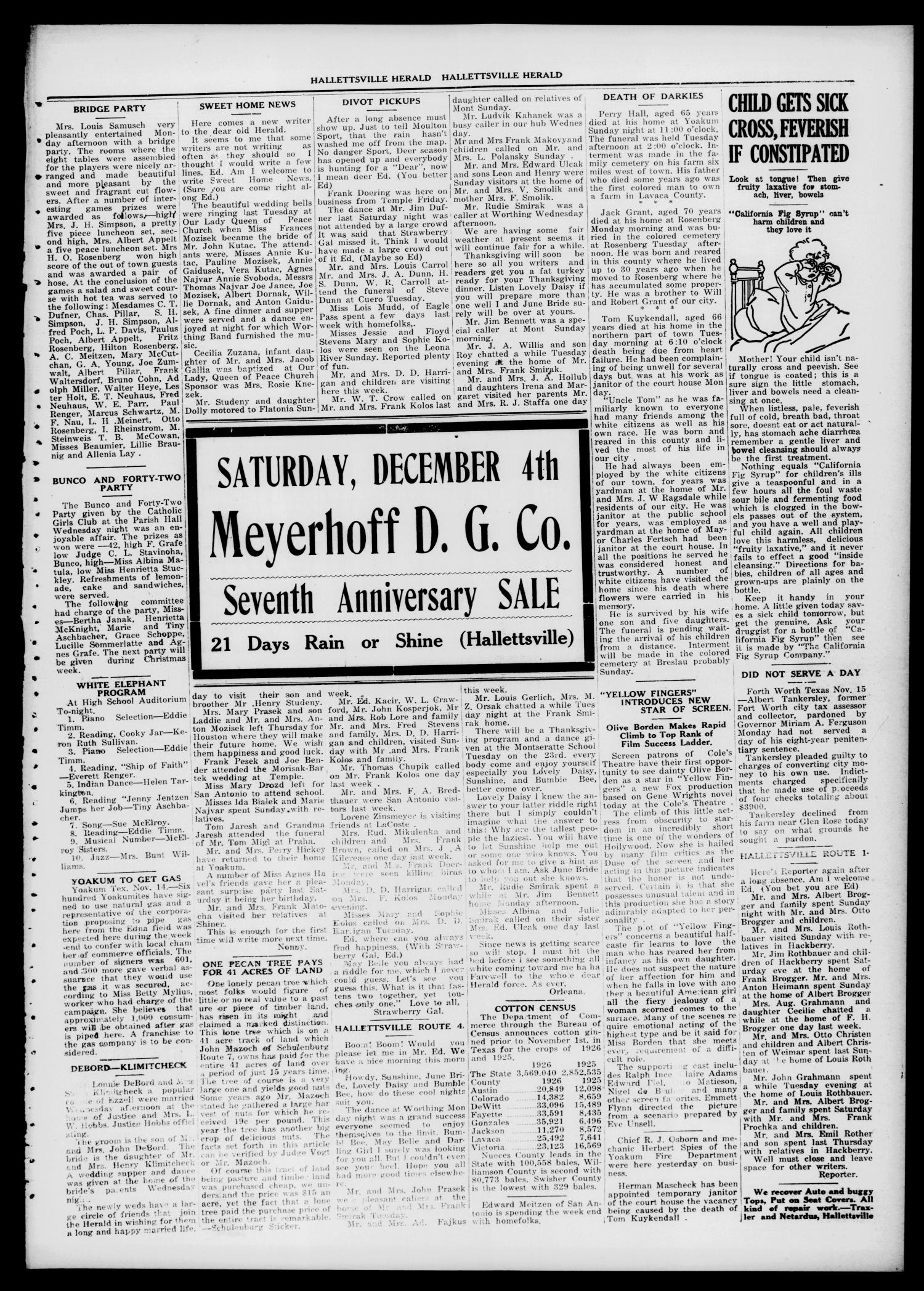 Semi-weekly Hallettsville Herald (Hallettsville, Tex.), Vol. 54, No. 47, Ed. 1 Friday, November 19, 1926
                                                
                                                    [Sequence #]: 3 of 4
                                                