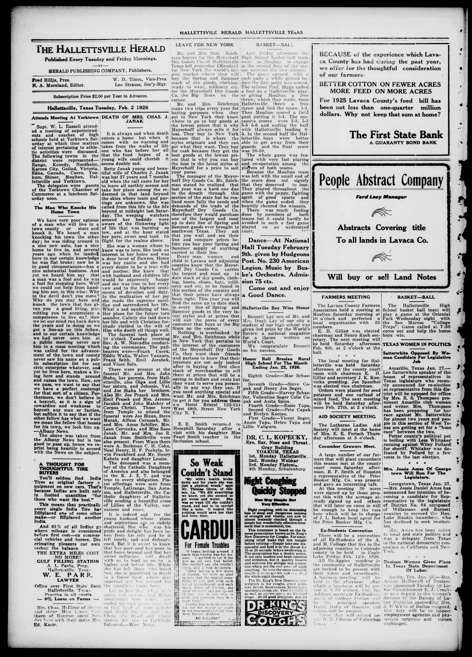 Semi-weekly Hallettsville Herald (Hallettsville, Tex.), Vol. 54, No. 68, Ed. 1 Tuesday, February 2, 1926
                                                
                                                    [Sequence #]: 2 of 4
                                                