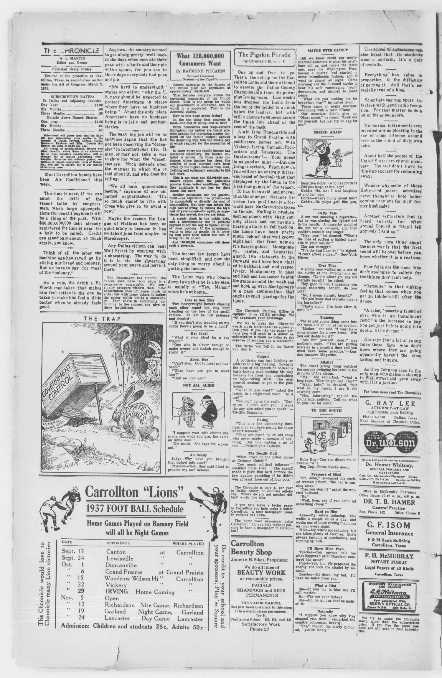The Carrollton Chronicle (Carrollton, Tex.), Vol. 33, No. 49, Ed. 1 Friday, October 15, 1937
                                                
                                                    [Sequence #]: 4 of 8
                                                