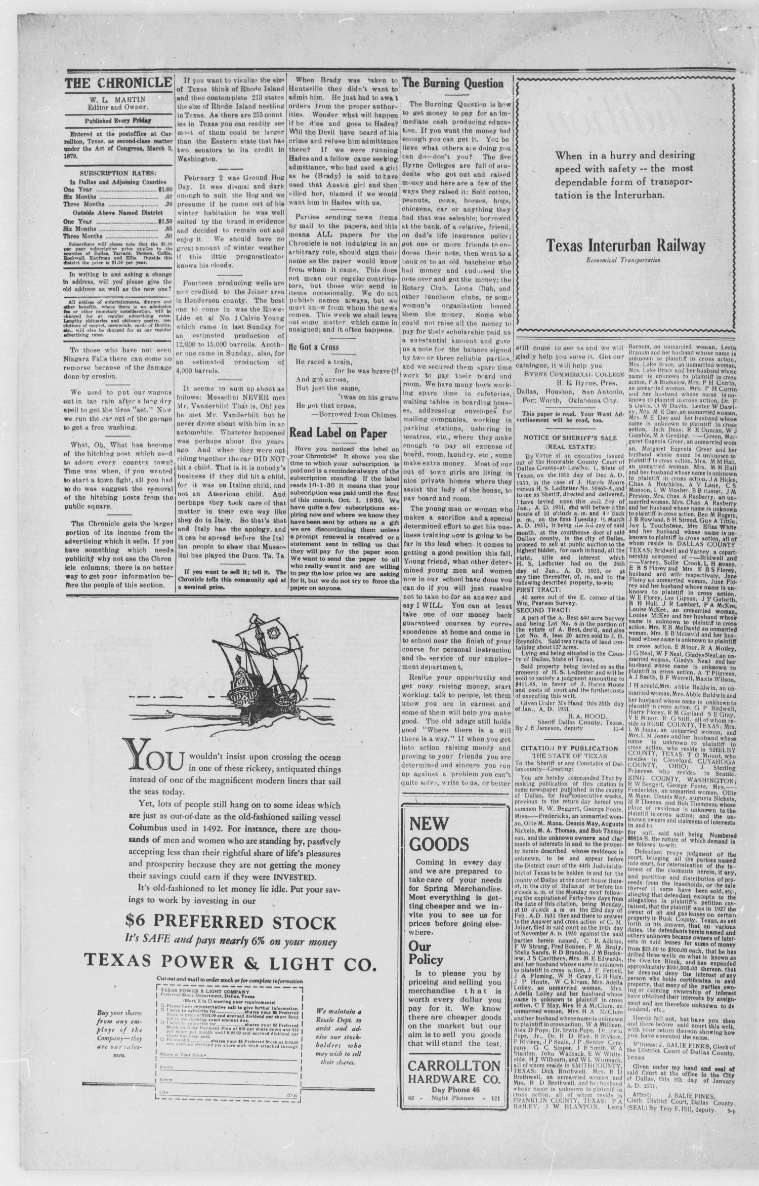 The Carrollton Chronicle (Carrollton, Tex.), Vol. 27, No. 12, Ed. 1 Friday, February 6, 1931
                                                
                                                    [Sequence #]: 4 of 8
                                                