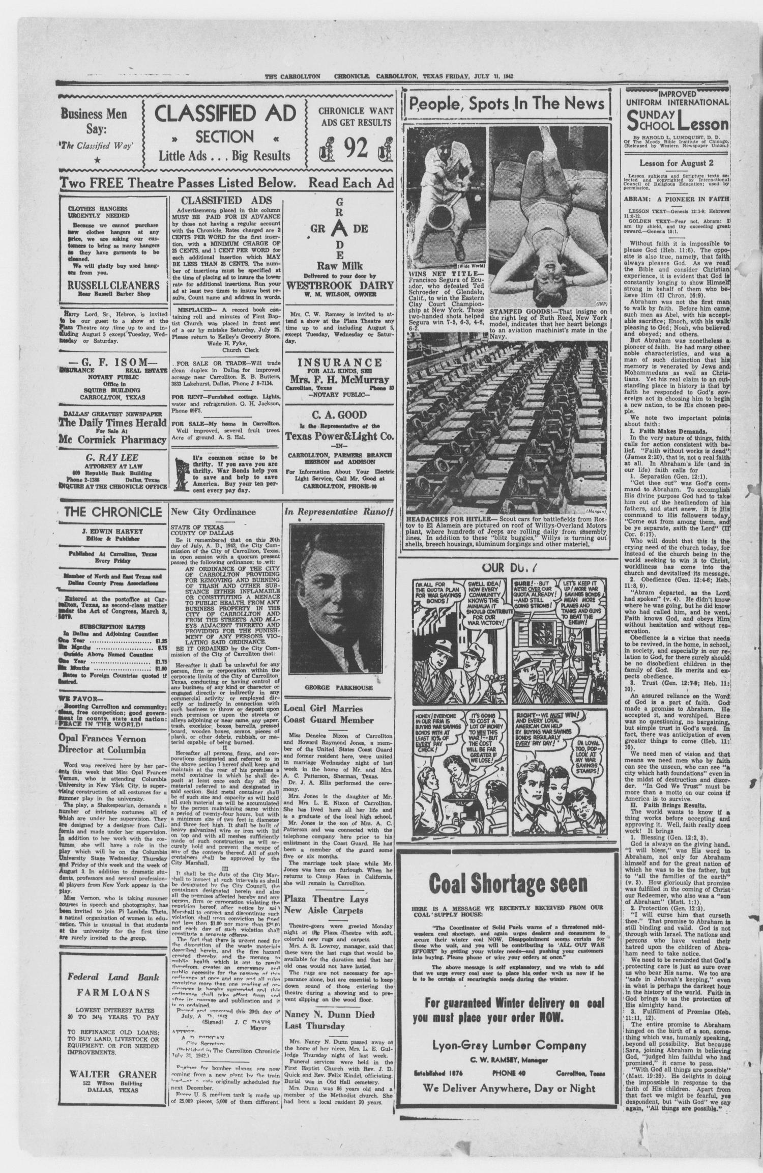 The Carrollton Chronicle (Carrollton, Tex.), Vol. 38, No. 39, Ed. 1 Friday, July 31, 1942
                                                
                                                    [Sequence #]: 2 of 4
                                                