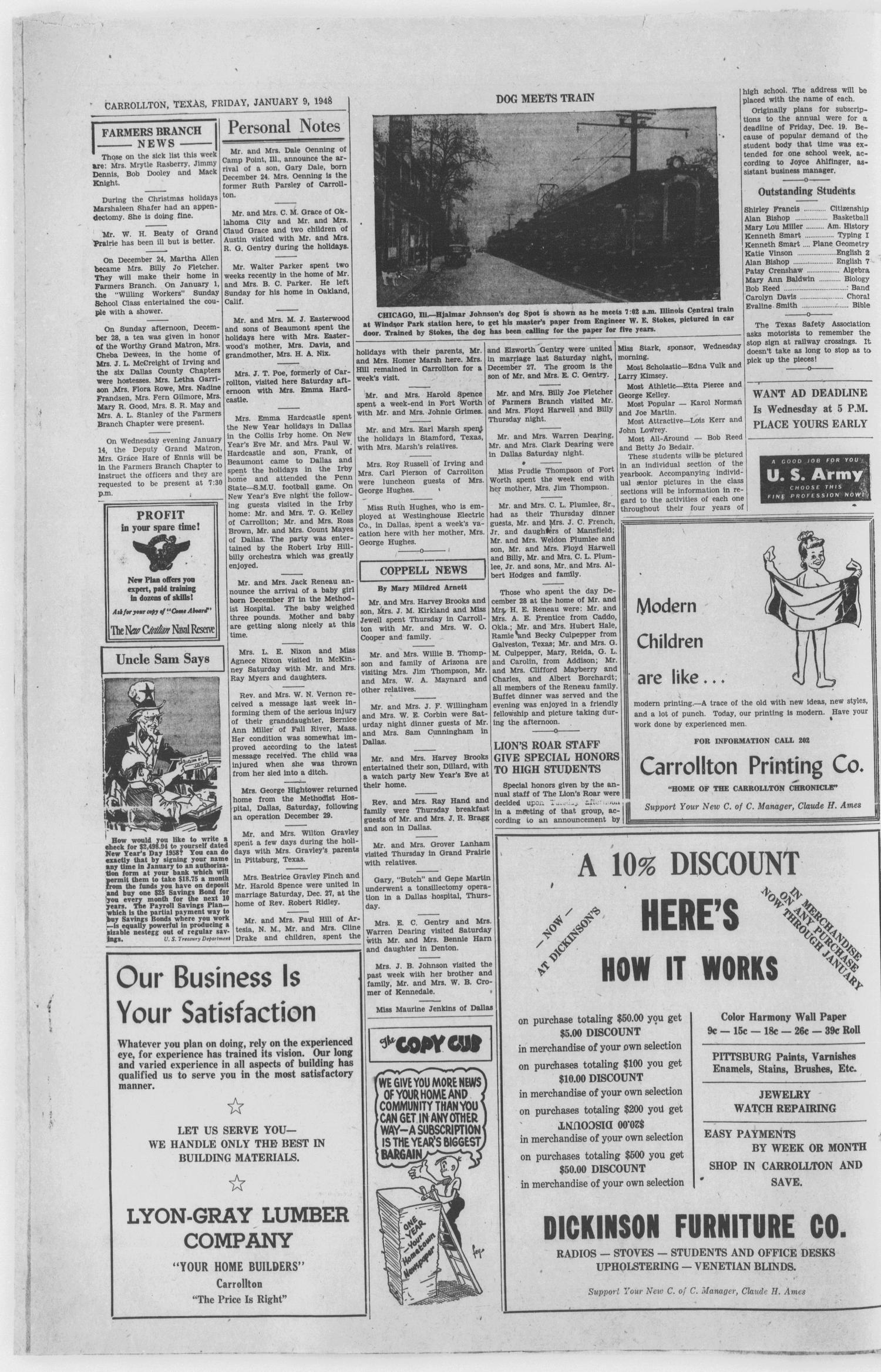 The Carrollton Chronicle (Carrollton, Tex.), Vol. 44, No. 9, Ed. 1 Friday, January 9, 1948
                                                
                                                    [Sequence #]: 4 of 8
                                                