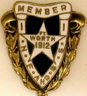 Primary view of object titled '[Green and white pin states: "MEMBER N.F. AND B.S. FT. WORTH 1912"]'.