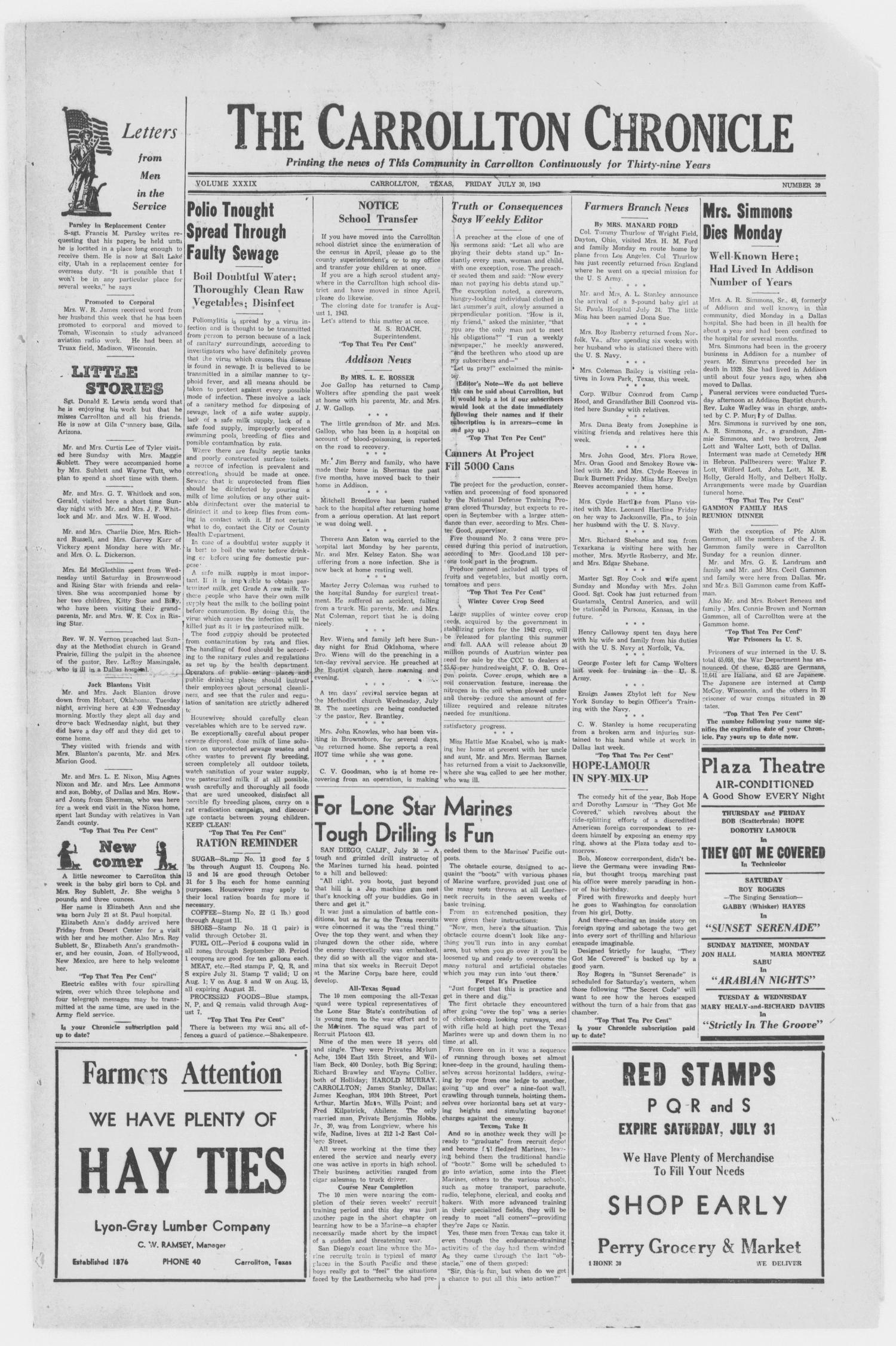 The Carrollton Chronicle (Carrollton, Tex.), Vol. 39, No. 39, Ed. 1 Friday, July 30, 1943
                                                
                                                    [Sequence #]: 1 of 4
                                                