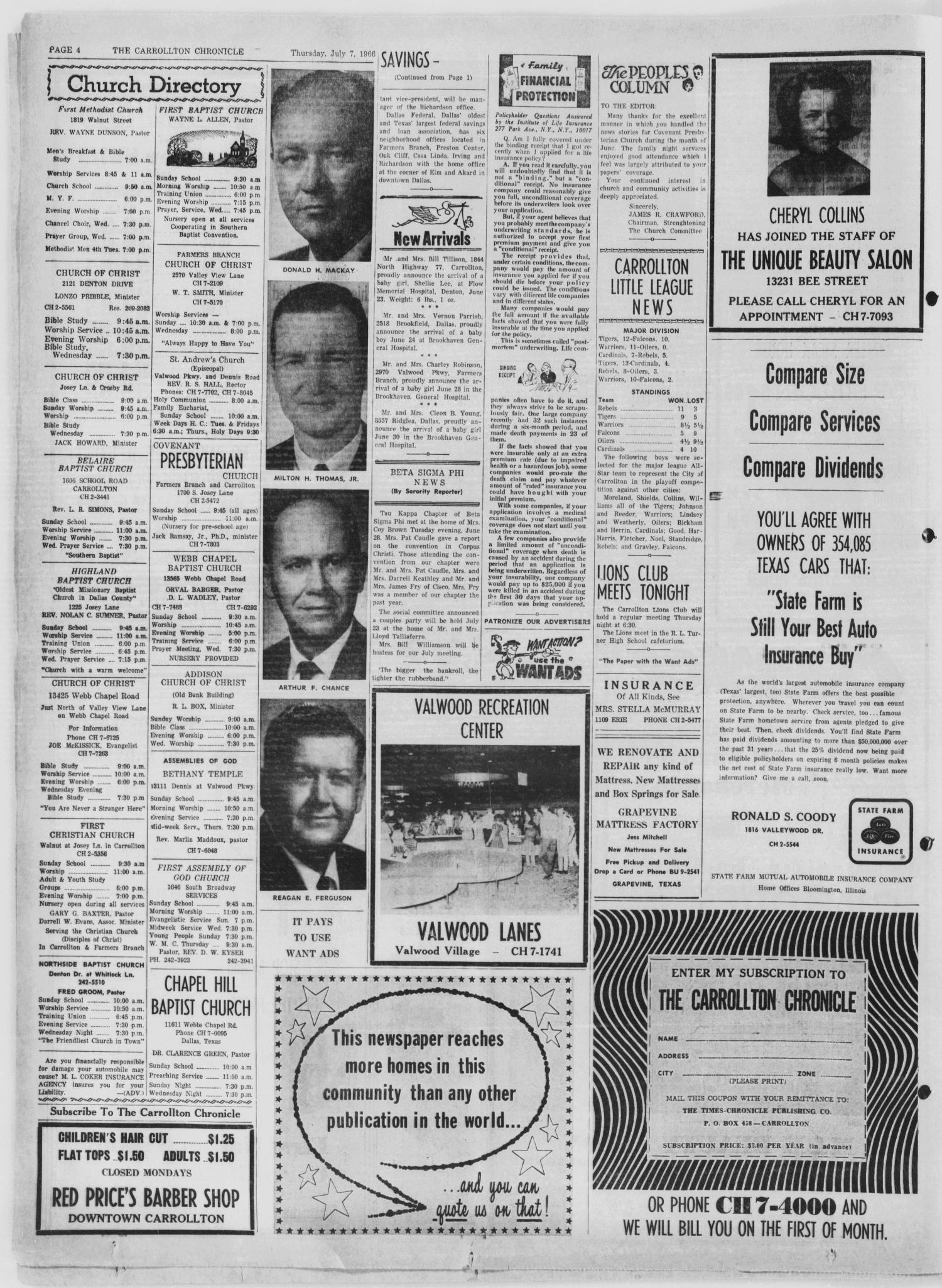 The Carrollton Chronicle (Carrollton, Tex.), Vol. 62, No. 34, Ed. 1 Thursday, July 7, 1966
                                                
                                                    [Sequence #]: 4 of 8
                                                