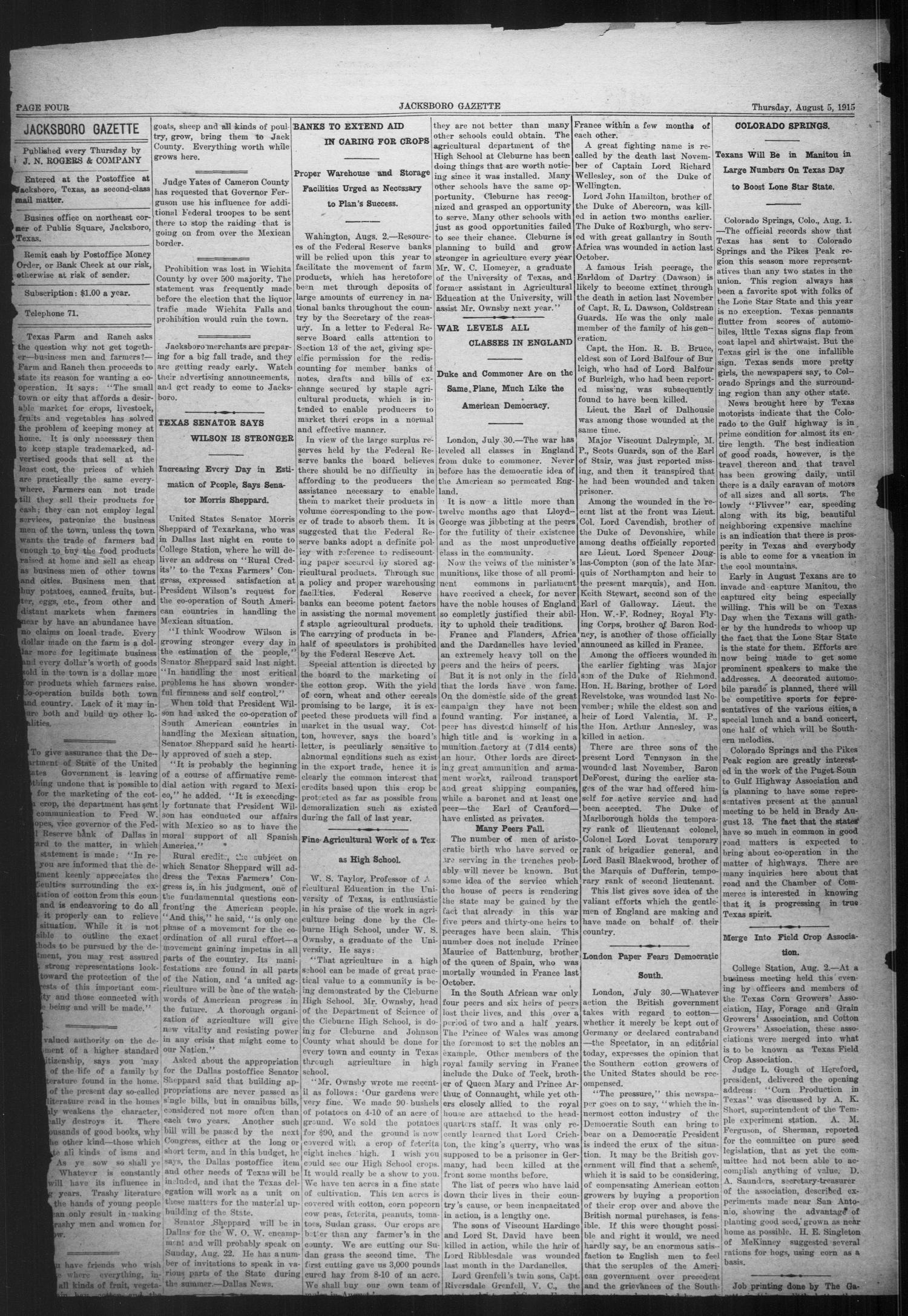 Jacksboro Gazette (Jacksboro, Tex.), Vol. 37, No. 10, Ed. 1 Thursday, August 5, 1915
                                                
                                                    [Sequence #]: 4 of 18
                                                