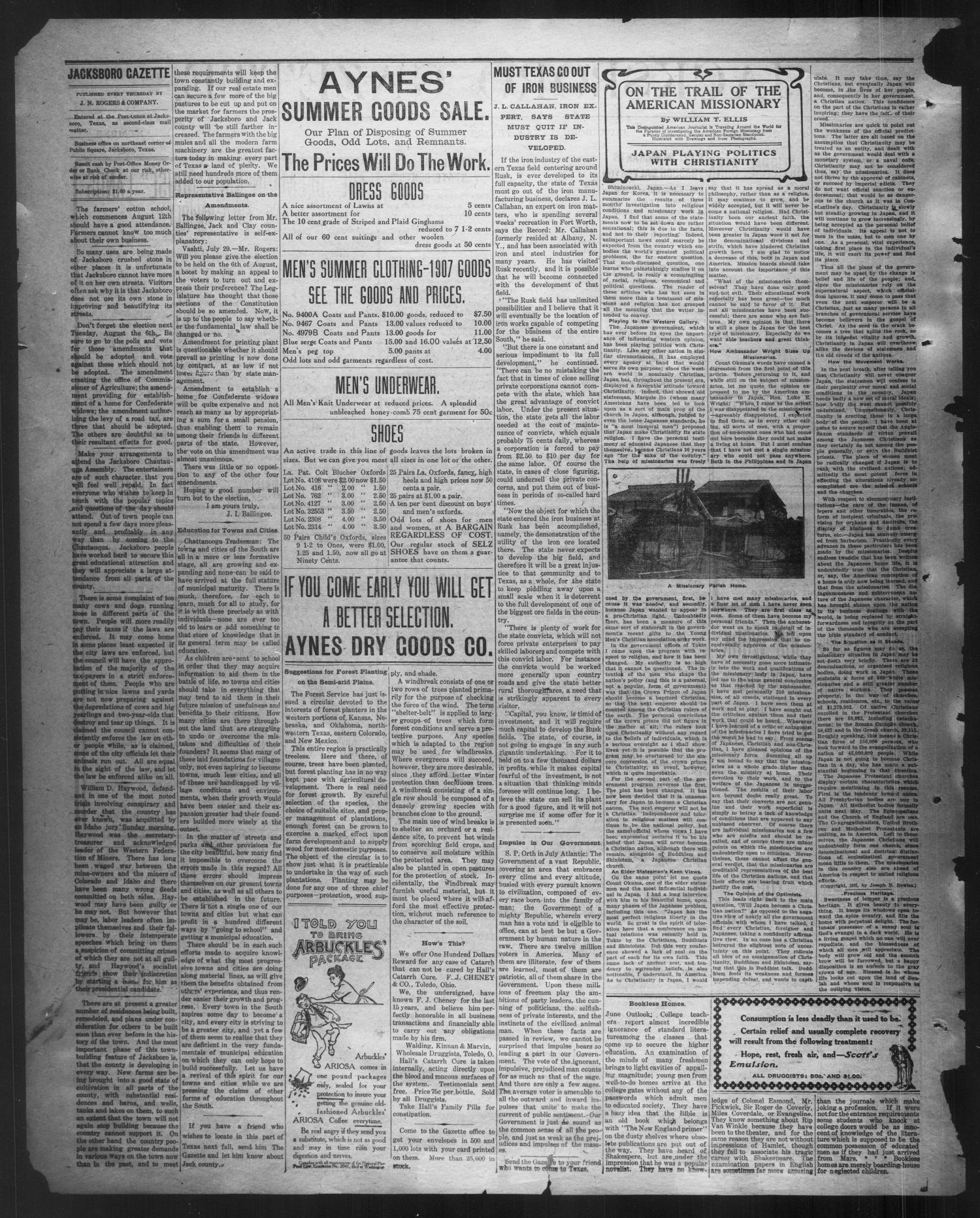 Jacksboro Gazette. (Jacksboro, Tex.), Vol. 28, No. 9, Ed. 1 Thursday, August 1, 1907
                                                
                                                    [Sequence #]: 2 of 4
                                                