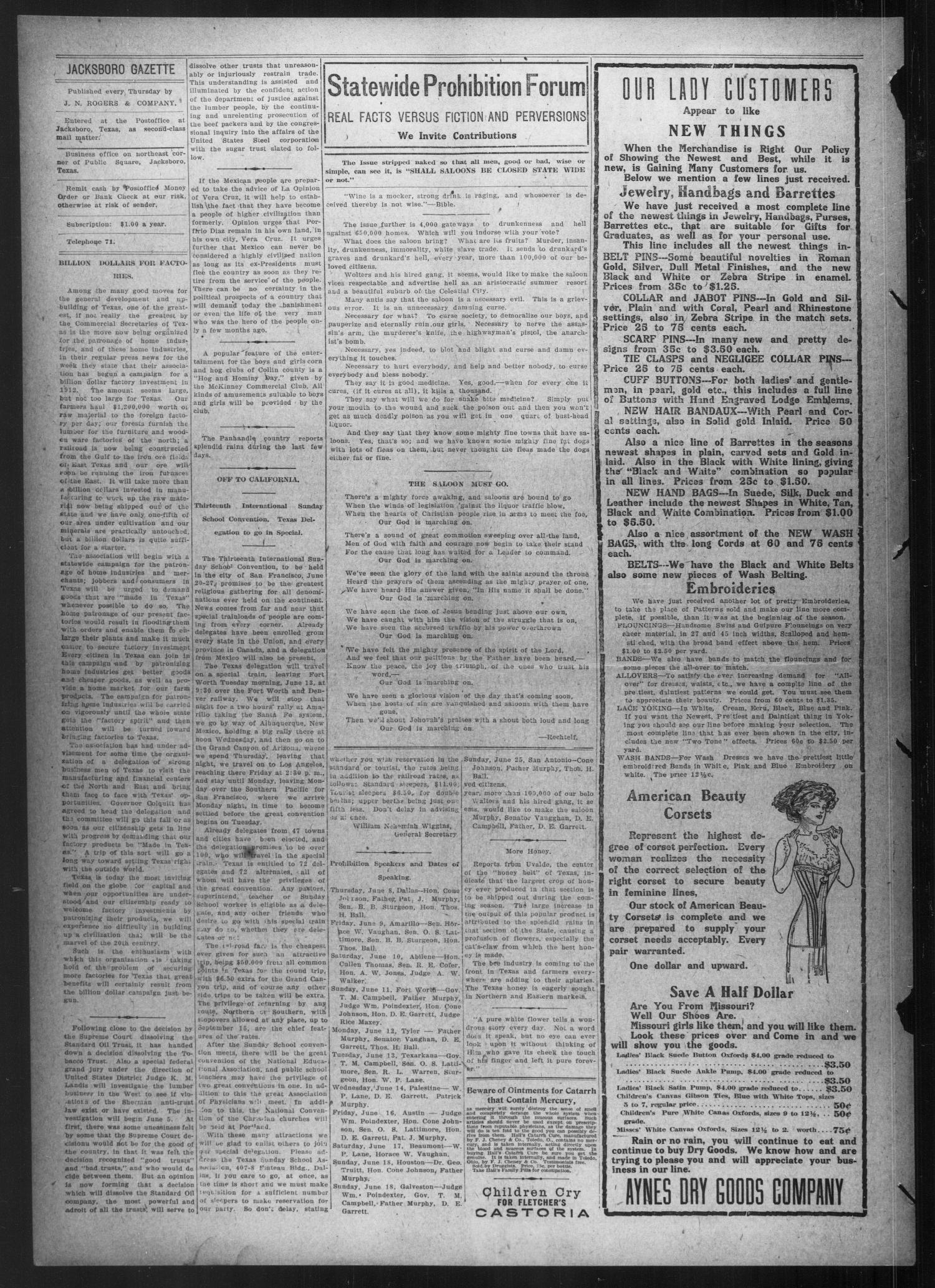 Jacksboro Gazette (Jacksboro, Tex.), Vol. 32, No. 1, Ed. 1 Thursday, June 1, 1911
                                                
                                                    [Sequence #]: 4 of 18
                                                