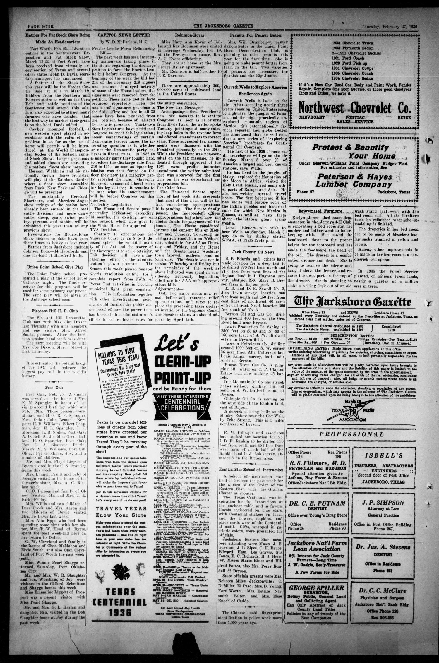 The Jacksboro Gazette (Jacksboro, Tex.), Vol. 56, No. 39, Ed. 1 Thursday, February 27, 1936
                                                
                                                    [Sequence #]: 4 of 8
                                                