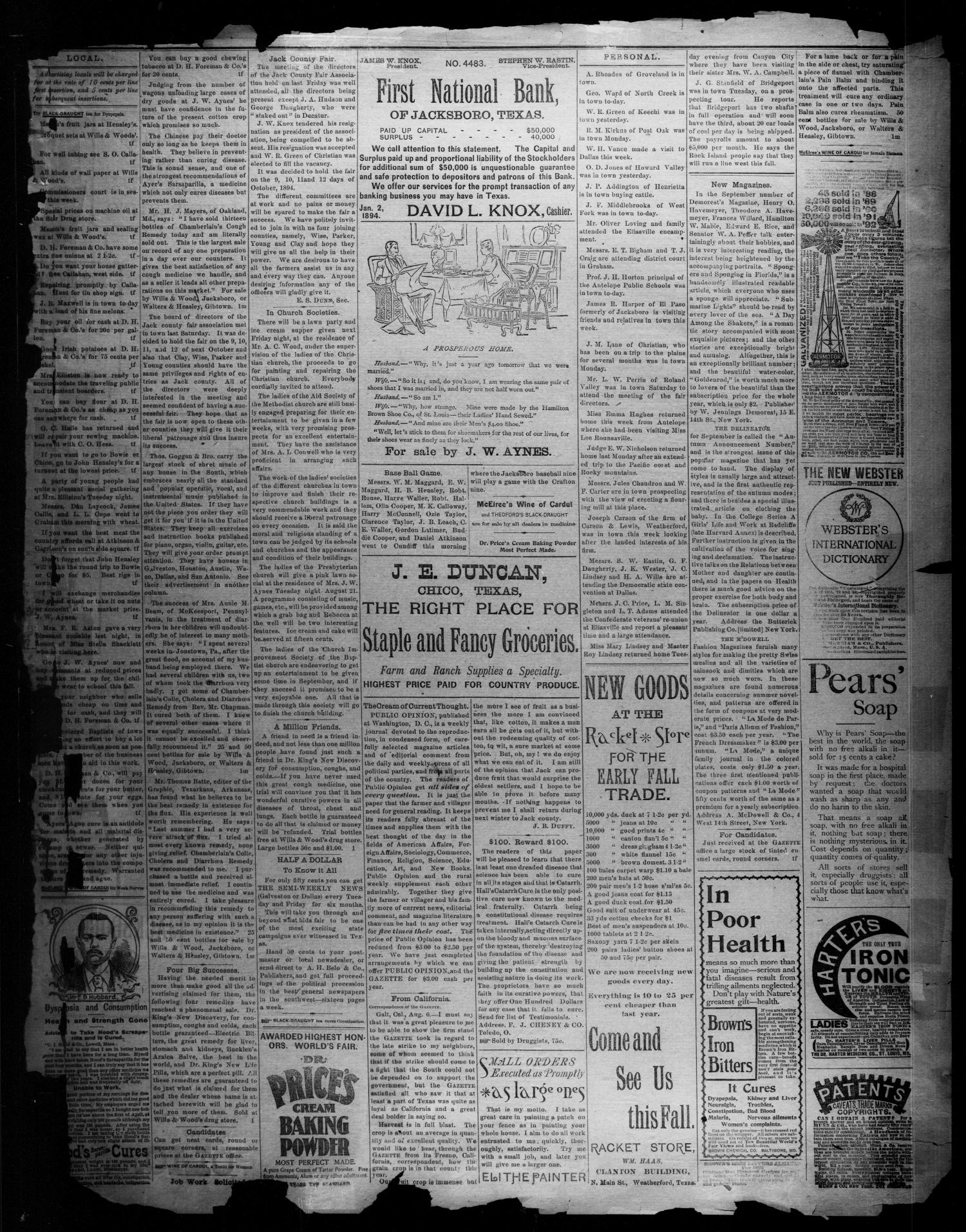 Jacksboro Gazette. (Jacksboro, Tex.), Vol. 15, No. 11, Ed. 1 Thursday, August 16, 1894
                                                
                                                    [Sequence #]: 3 of 4
                                                