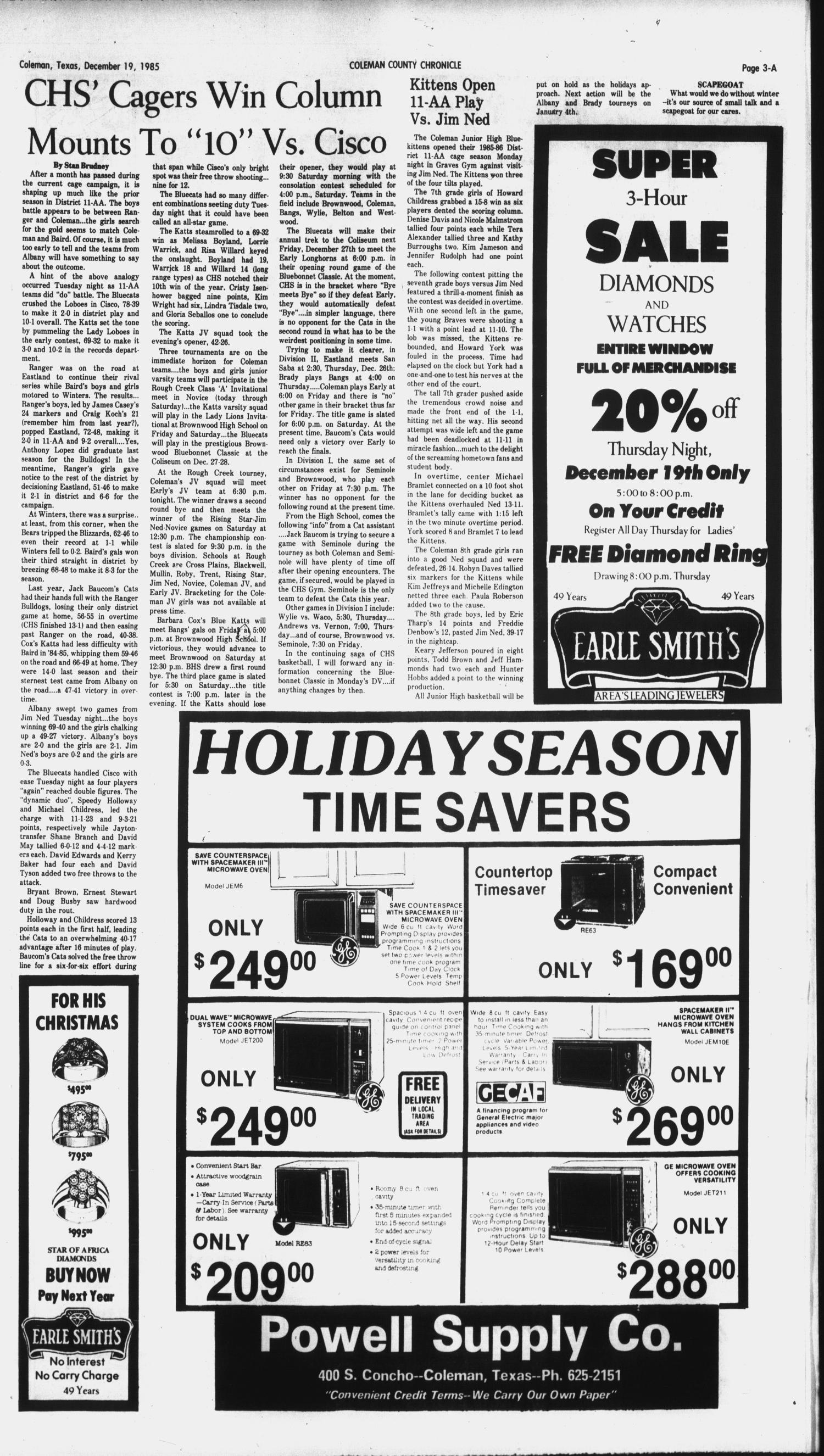 Coleman County Chronicle (Coleman, Tex.), Vol. 53, No. 5, Ed. 1 Thursday, December 19, 1985
                                                
                                                    [Sequence #]: 3 of 26
                                                
