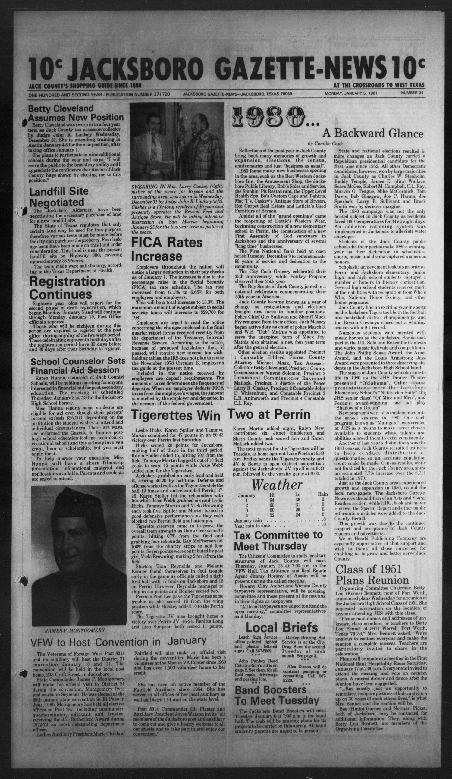 Jacksboro Gazette-News (Jacksboro, Tex.), Vol. 102, No. 34, Ed. 1 Monday, January 5, 1981
                                                
                                                    [Sequence #]: 1 of 6
                                                