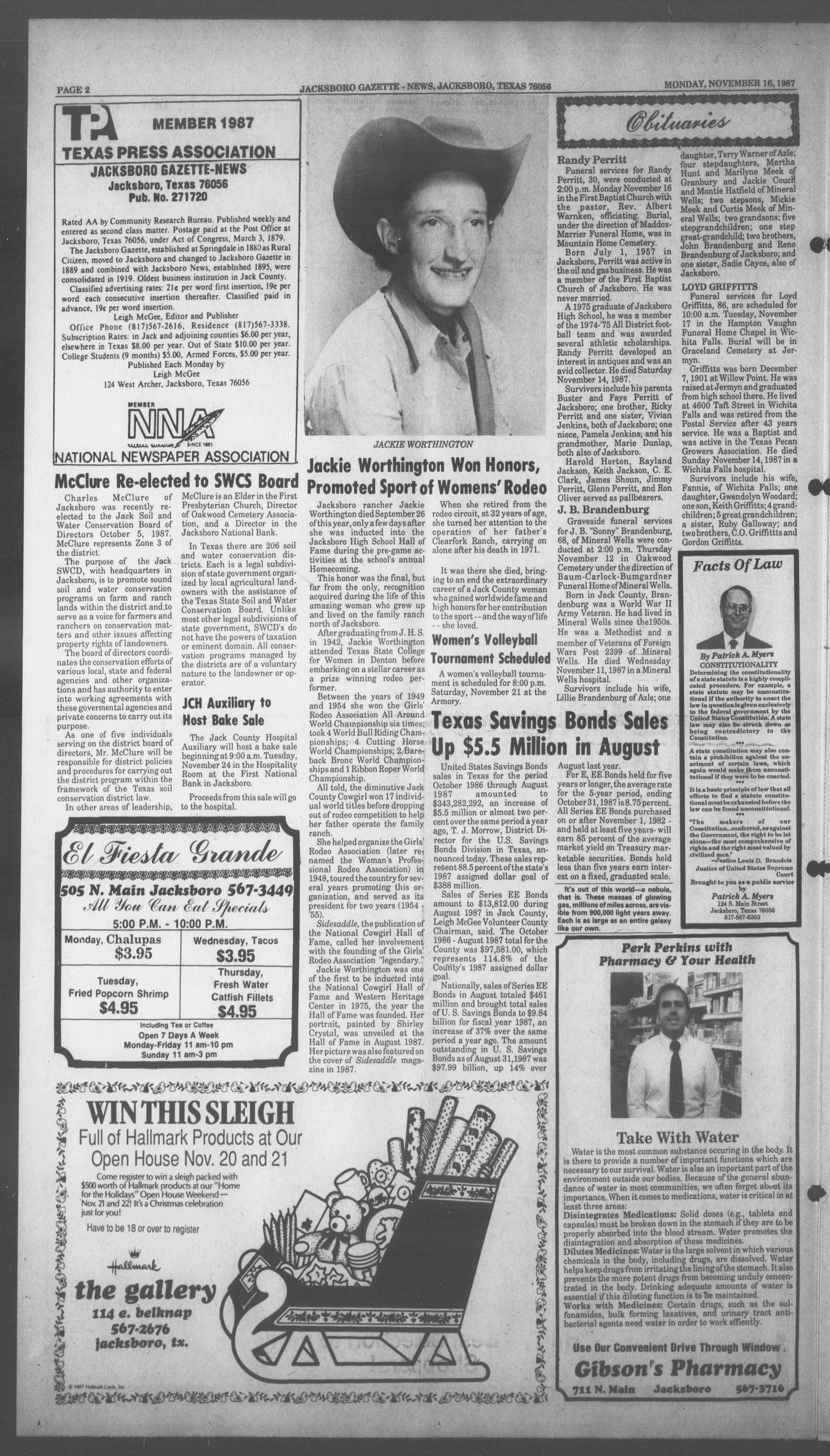 Jacksboro Gazette-News (Jacksboro, Tex.), Vol. 108, No. 28, Ed. 1 Monday, November 16, 1987
                                                
                                                    [Sequence #]: 2 of 10
                                                