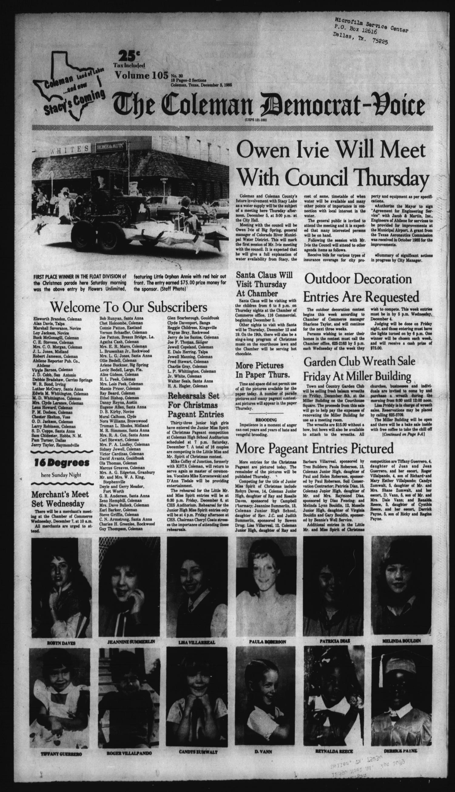 The Coleman Democrat-Voice (Coleman, Tex.), Vol. 105, No. 30, Ed. 1 Tuesday, December 3, 1985
                                                
                                                    [Sequence #]: 1 of 18
                                                