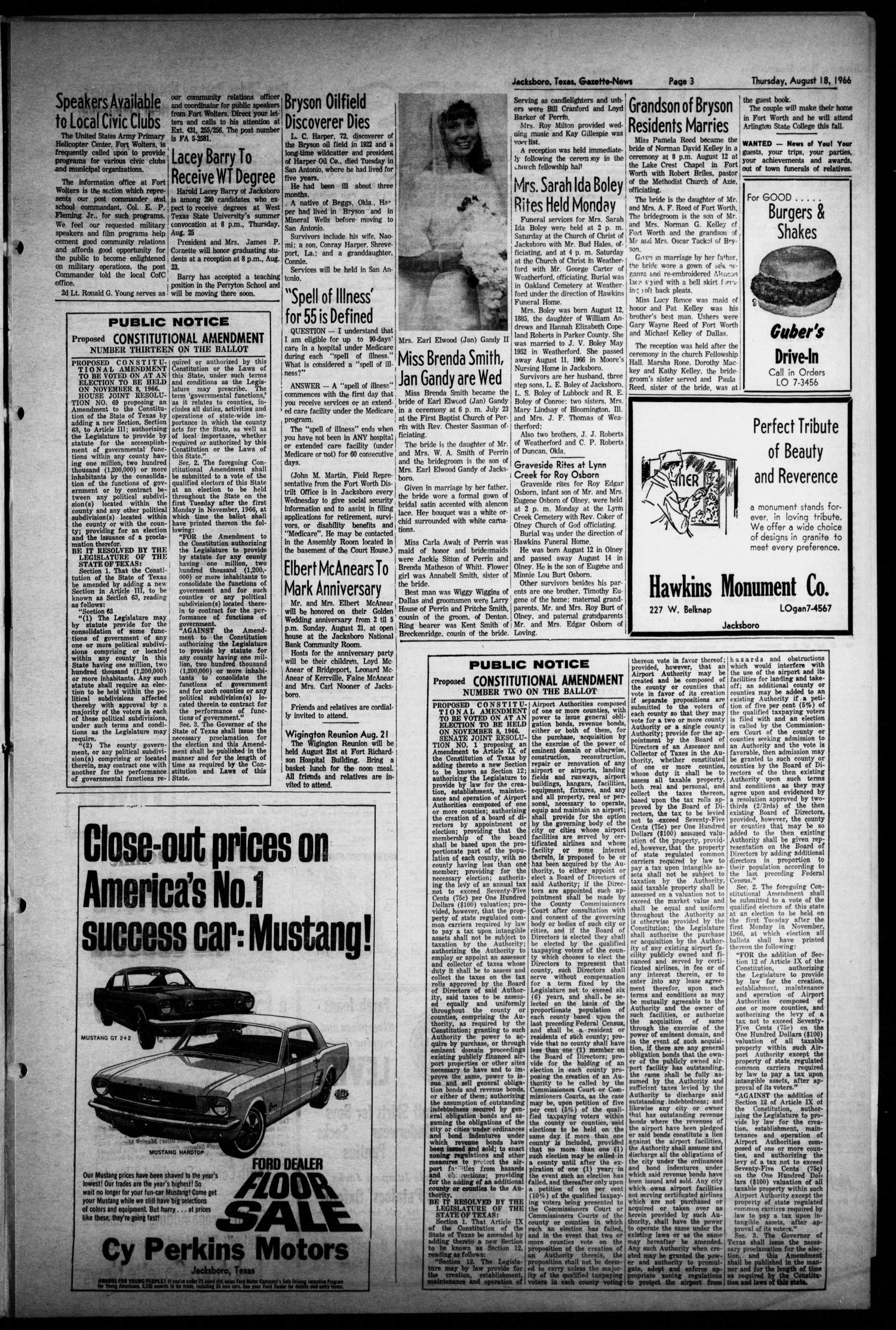 Jacksboro Gazette-News (Jacksboro, Tex.), Vol. EIGHTY-SIXTH YEAR, No. 12, Ed. 1 Thursday, August 18, 1966
                                                
                                                    [Sequence #]: 3 of 8
                                                