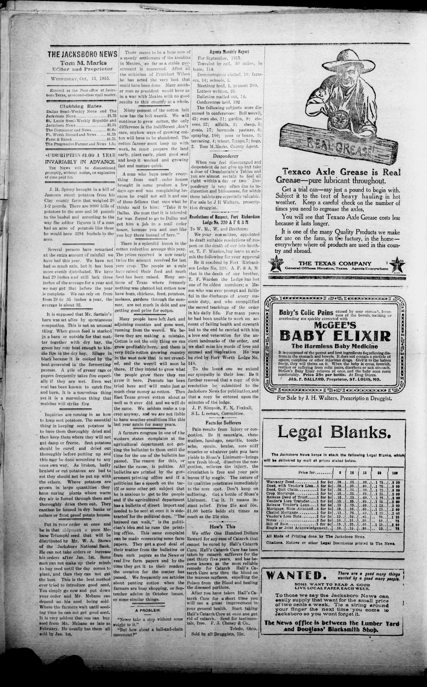 The Jacksboro News. (Jacksboro, Tex.), Vol. 19, No. 32, Ed. 1 Wednesday, October 13, 1915
                                                
                                                    [Sequence #]: 4 of 8
                                                