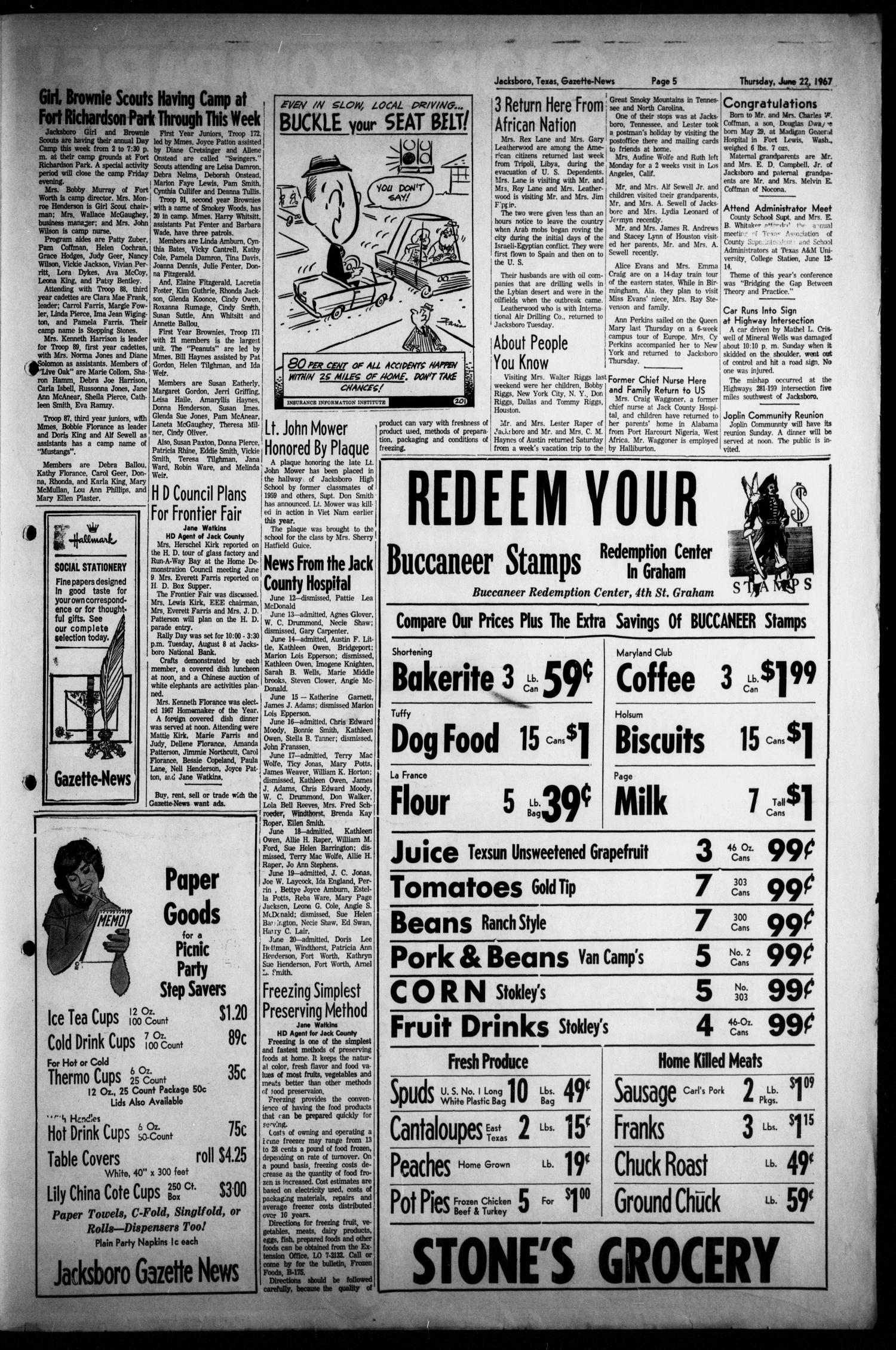 Jacksboro Gazette-News (Jacksboro, Tex.), Vol. EIGHTY-EIGHTH YEAR, No. 4, Ed. 1 Thursday, June 22, 1967
                                                
                                                    [Sequence #]: 5 of 8
                                                
