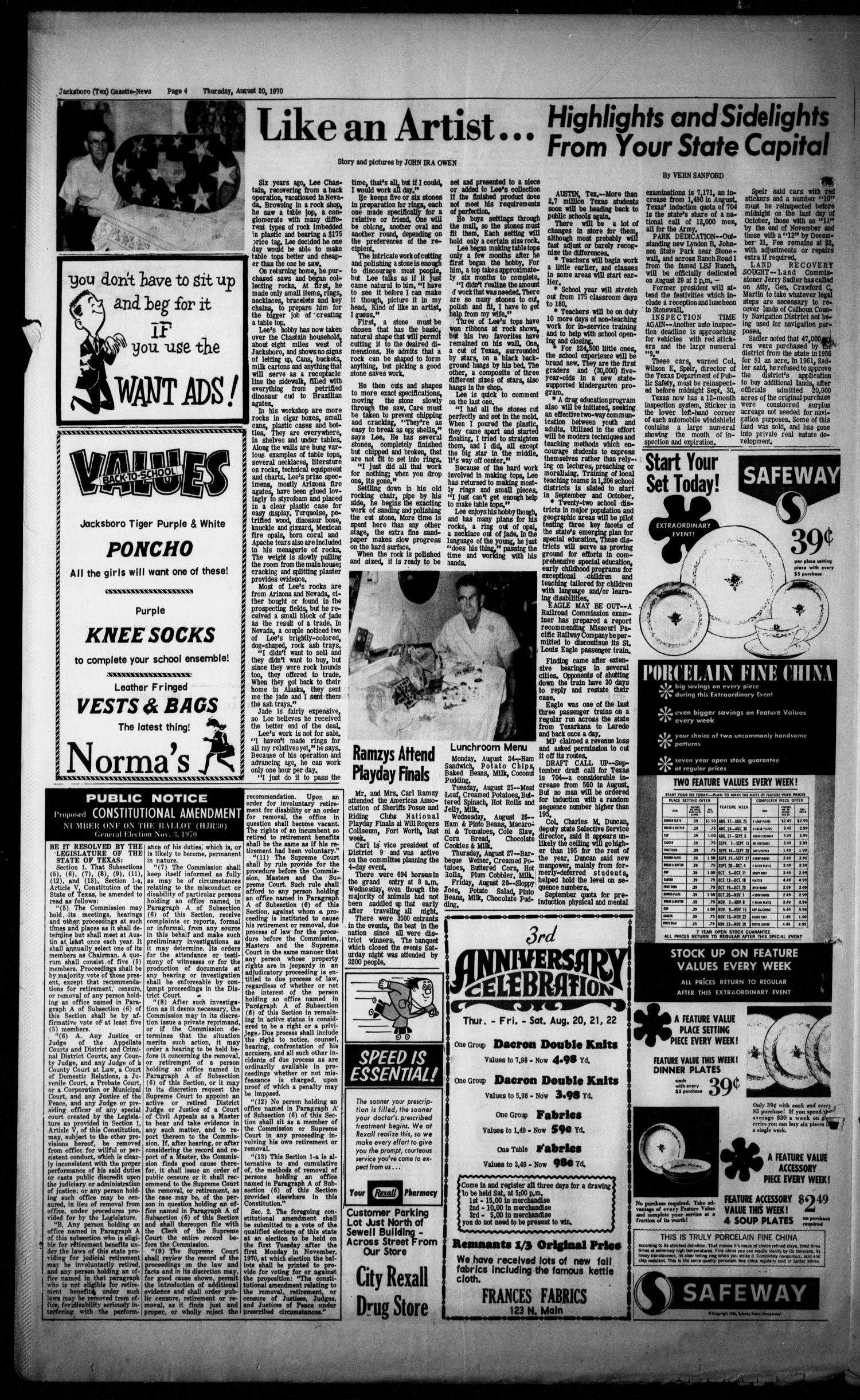 Jacksboro Gazette-News (Jacksboro, Tex.), Vol. 91, No. 12, Ed. 1 Thursday, August 20, 1970
                                                
                                                    [Sequence #]: 4 of 8
                                                