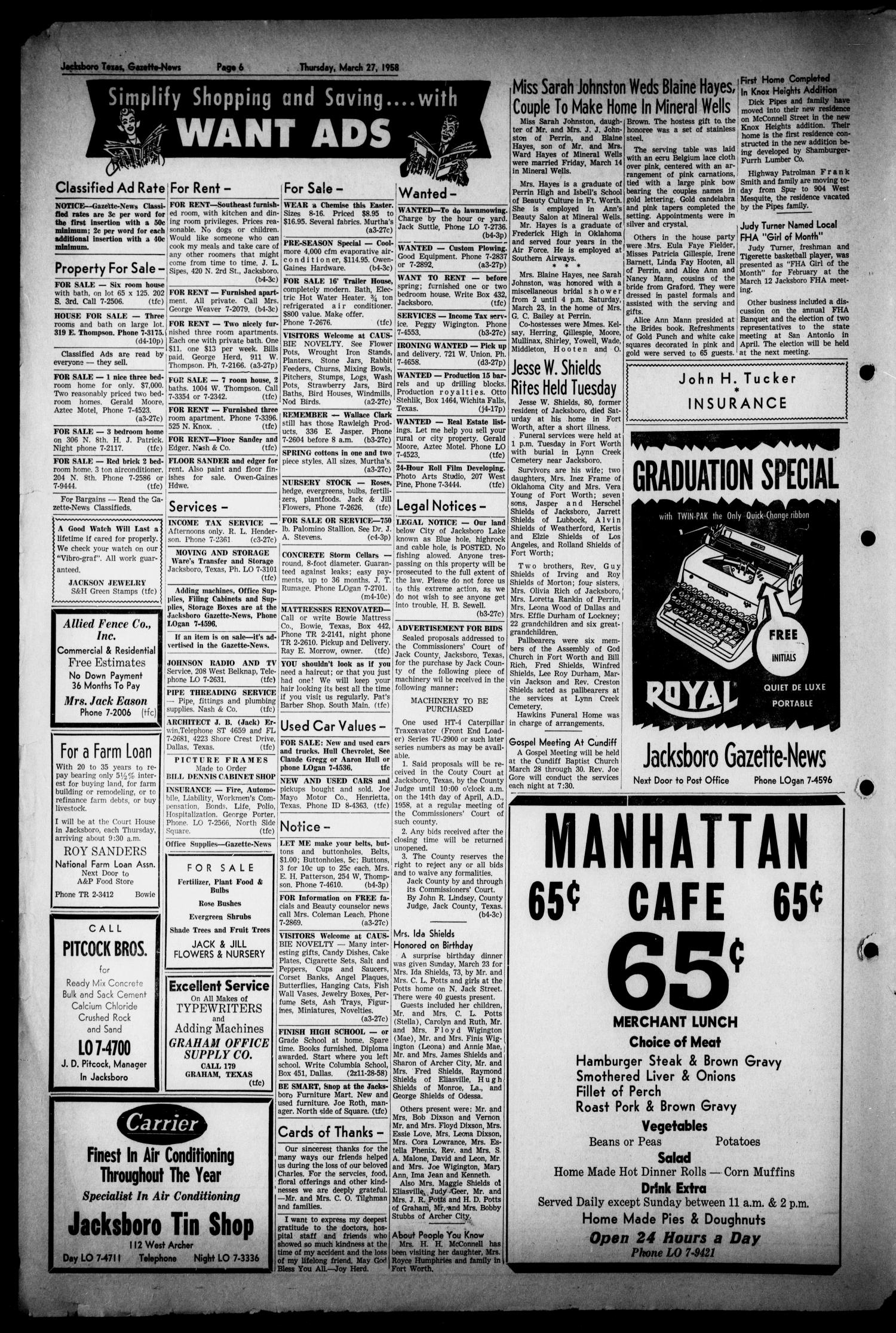 Jacksboro Gazette-News (Jacksboro, Tex.), Vol. 78, No. 43, Ed. 1 Thursday, March 27, 1958
                                                
                                                    [Sequence #]: 4 of 8
                                                