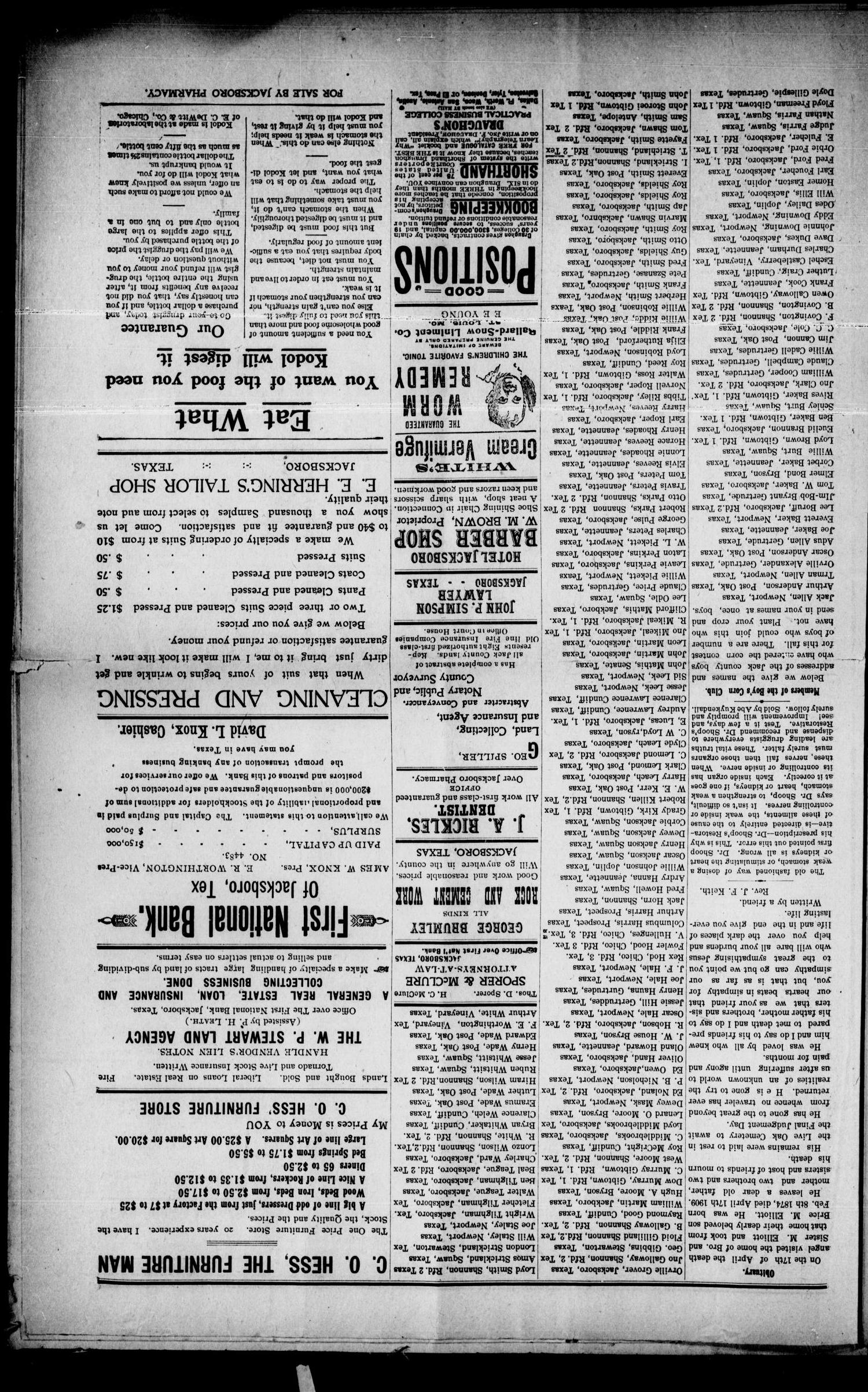 The Jacksboro News (Jacksboro, Tex.), Vol. 14, No. 17, Ed. 1 Thursday, April 29, 1909
                                                
                                                    [Sequence #]: 5 of 8
                                                