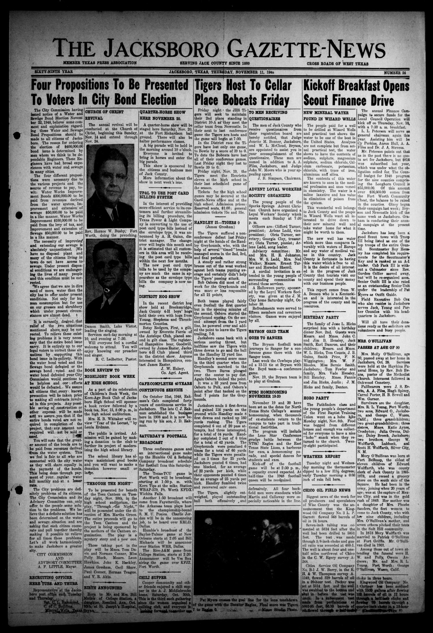 The Jacksboro Gazette-News (Jacksboro, Tex.), Vol. 69, No. 24, Ed. 1 Thursday, November 11, 1948
                                                
                                                    [Sequence #]: 1 of 8
                                                