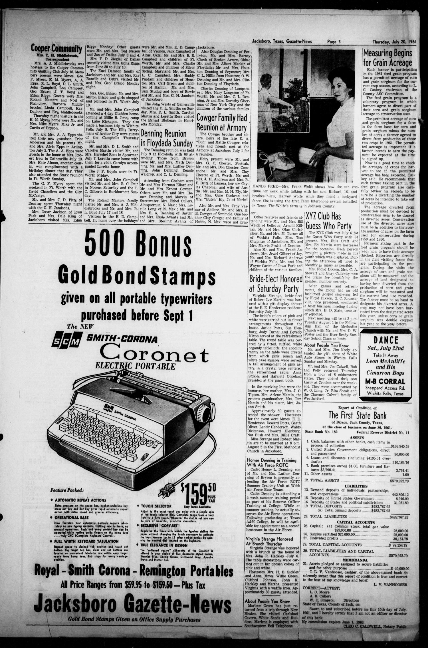 Jacksboro Gazette-News (Jacksboro, Tex.), Vol. EIGHTY-SECOND YEAR, No. 8, Ed. 1 Thursday, July 20, 1961
                                                
                                                    [Sequence #]: 3 of 8
                                                