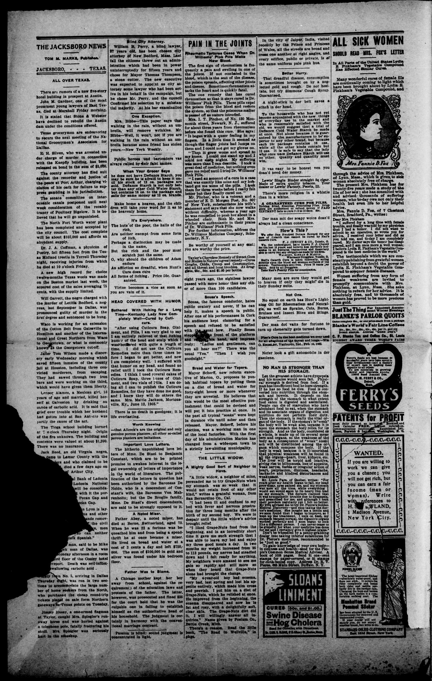The Jacksboro News (Jacksboro, Tex.), Vol. 11, No. 4, Ed. 1 Thursday, January 25, 1906
                                                
                                                    [Sequence #]: 2 of 12
                                                
