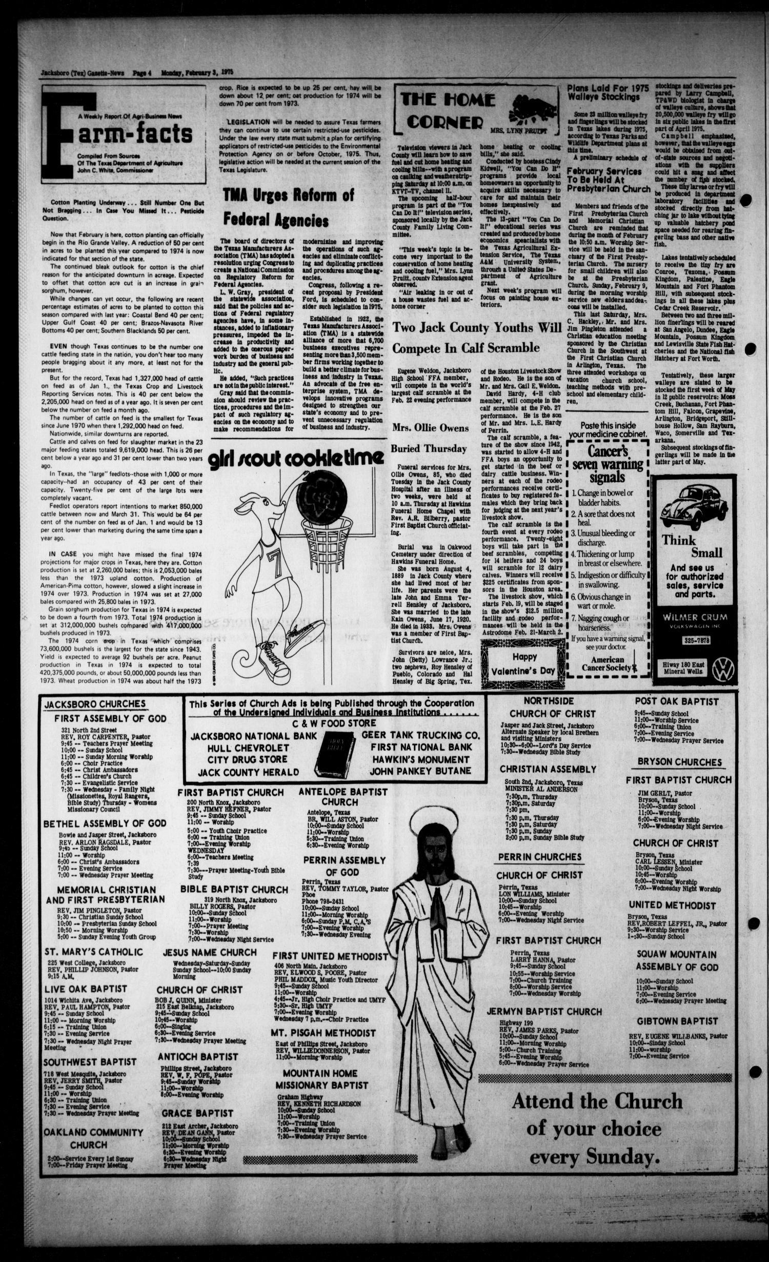 Jacksboro Gazette-News (Jacksboro, Tex.), Vol. NINETY-FIFTH YEAR, No. 37, Ed. 1 Monday, February 3, 1975
                                                
                                                    [Sequence #]: 4 of 6
                                                