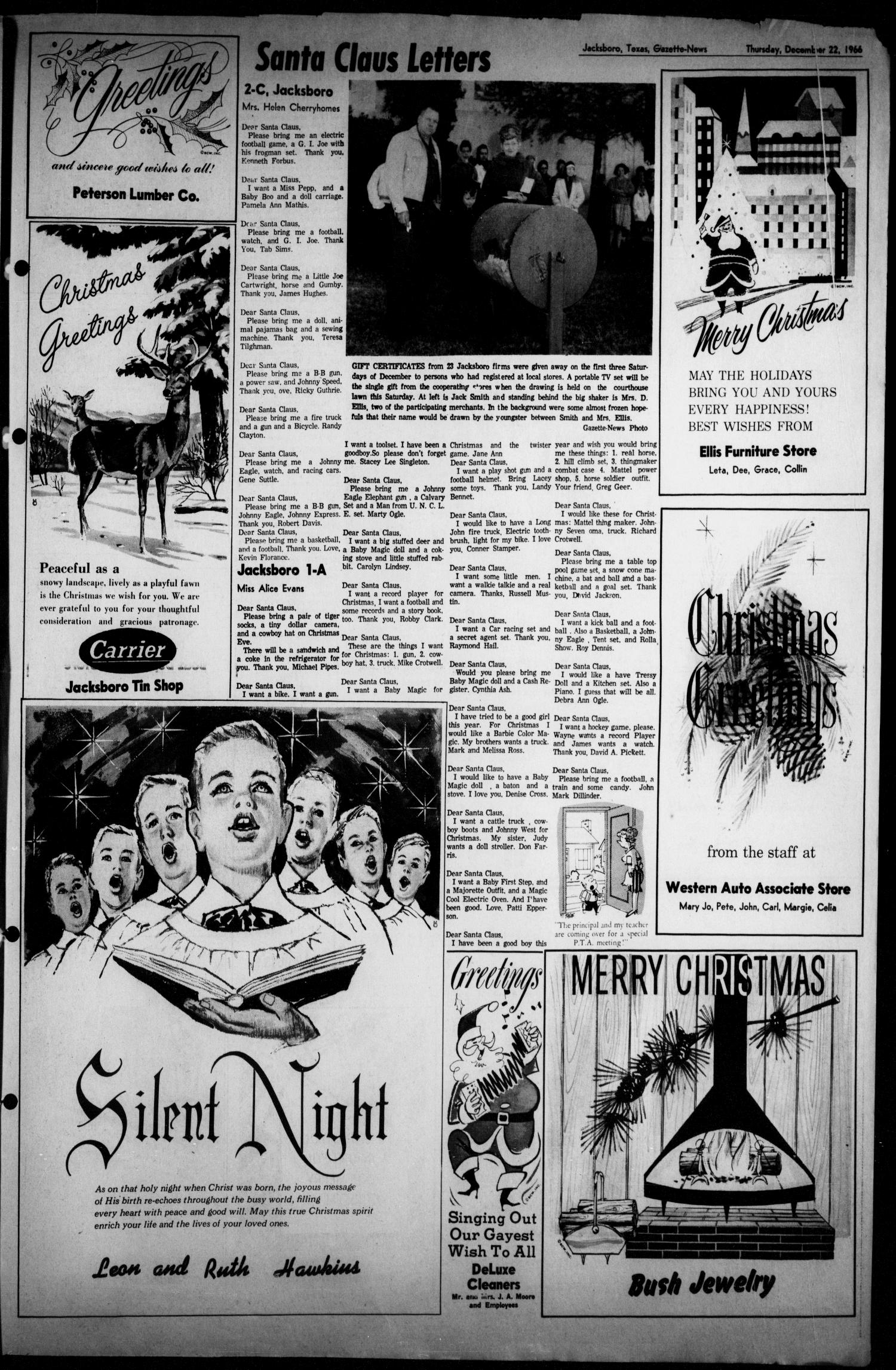 Jacksboro Gazette-News (Jacksboro, Tex.), Vol. EIGHTY-SIXTH YEAR, No. 30, Ed. 1 Thursday, December 22, 1966
                                                
                                                    [Sequence #]: 13 of 20
                                                
