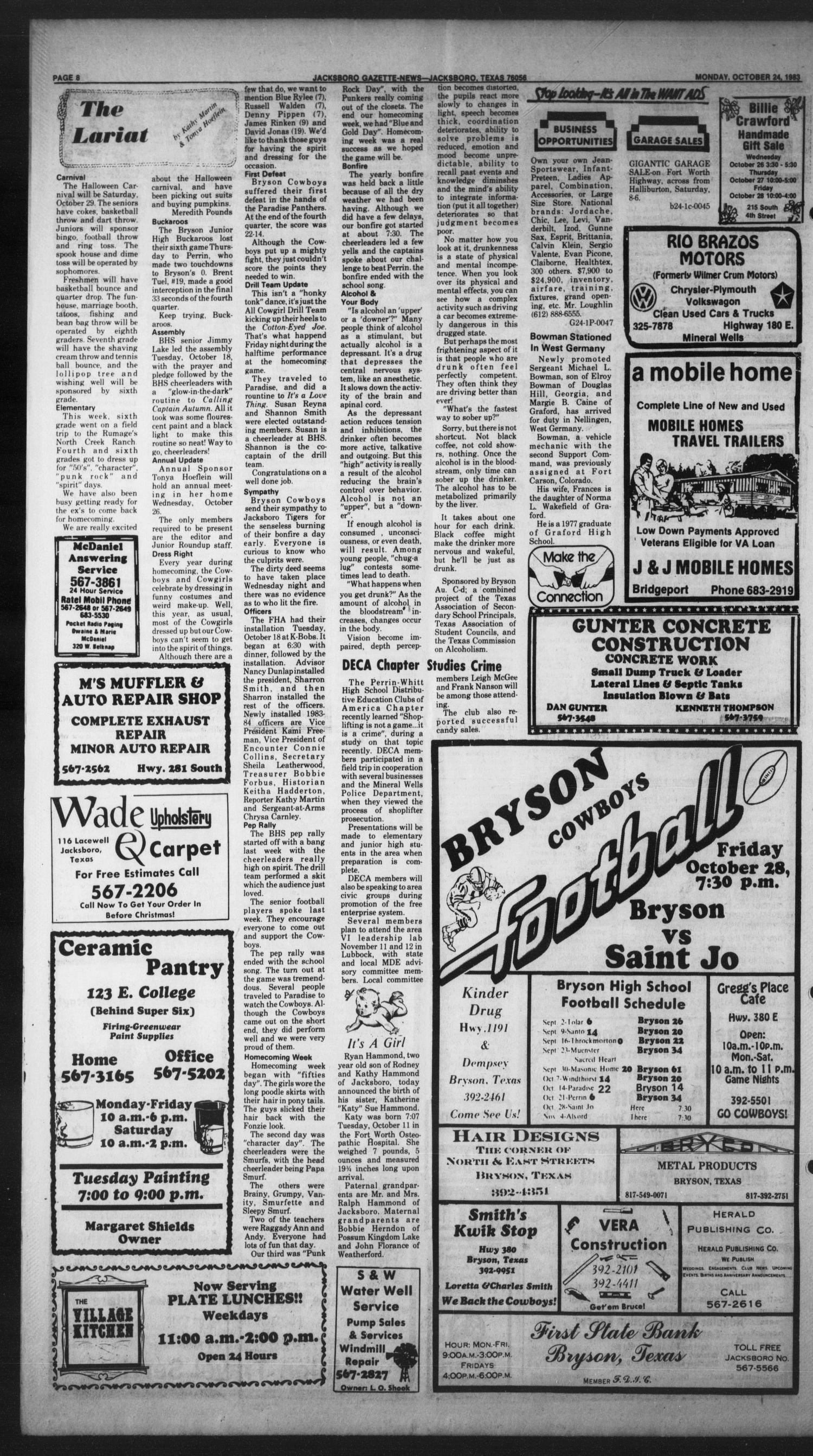 Jacksboro Gazette-News (Jacksboro, Tex.), Vol. 104, No. 24, Ed. 1 Monday, October 24, 1983
                                                
                                                    [Sequence #]: 8 of 10
                                                