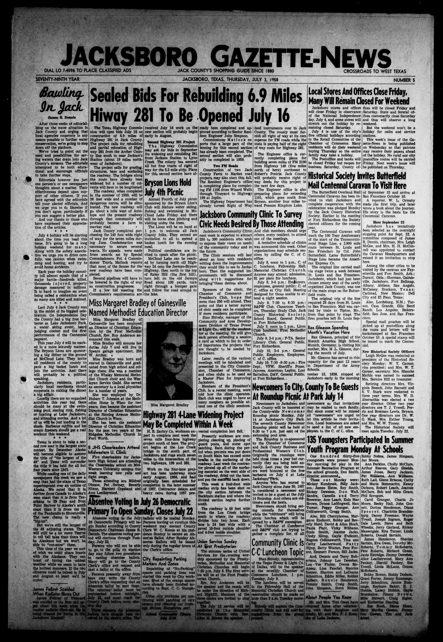 Jacksboro Gazette-News (Jacksboro, Tex.), Vol. 79, No. 5, Ed. 1 Thursday, July 3, 1958
                                                
                                                    [Sequence #]: 1 of 8
                                                