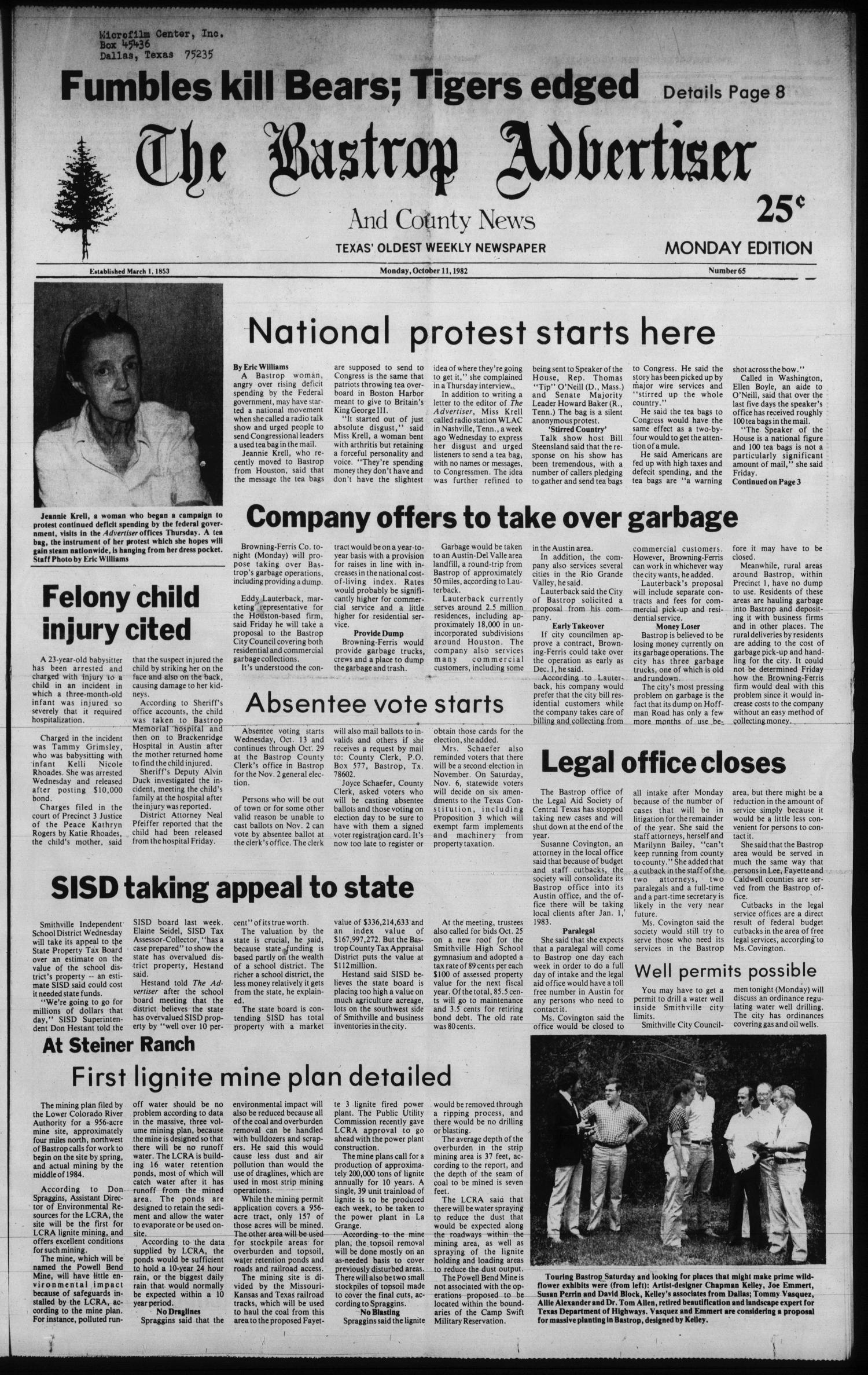 The Bastrop Advertiser and County News (Bastrop, Tex.), No. 65, Ed. 1 Monday, October 11, 1982
                                                
                                                    [Sequence #]: 1 of 8
                                                