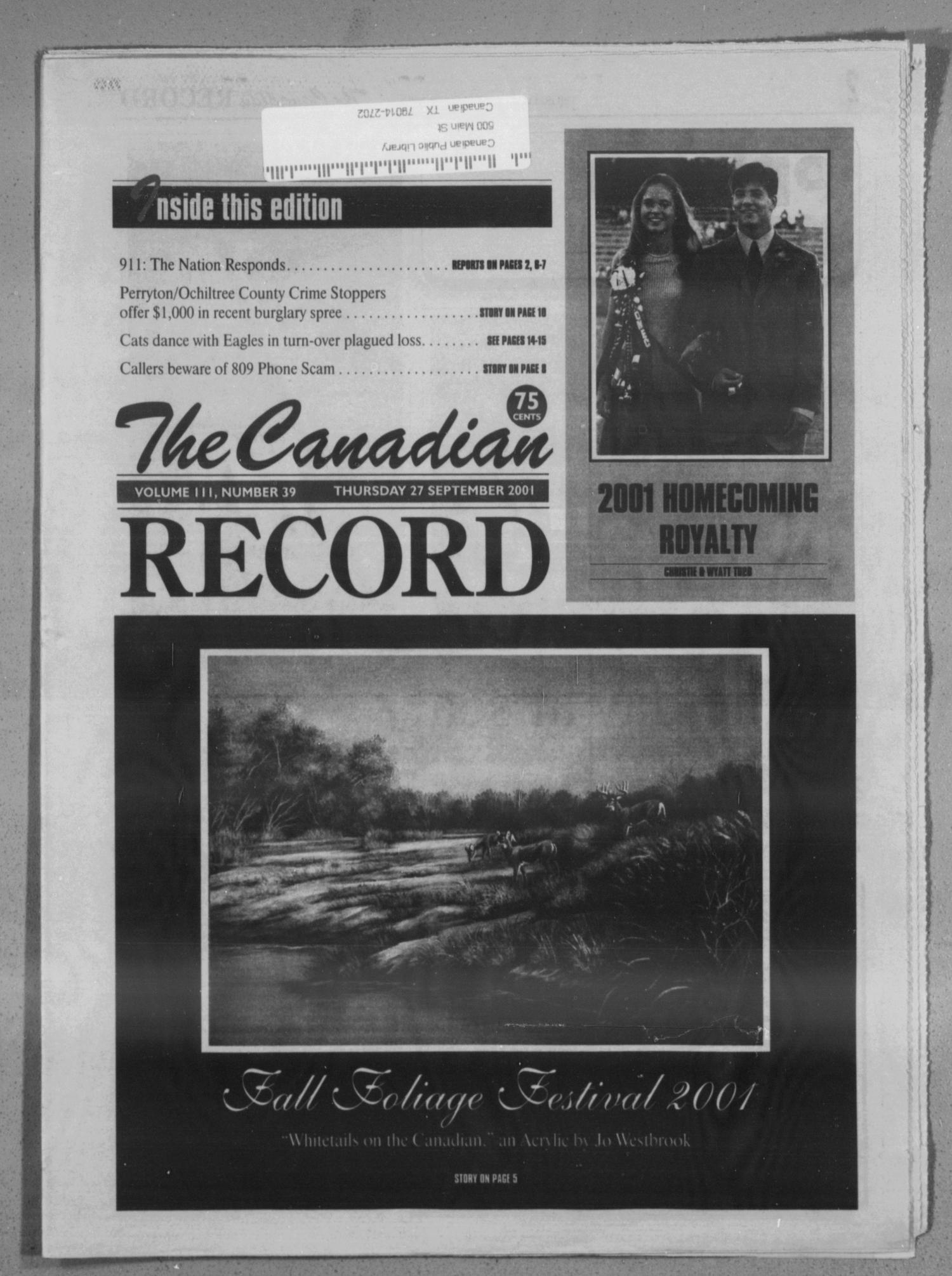 The Canadian Record (Canadian, Tex.), Vol. 111, No. 39, Ed. 1 Thursday, September 27, 2001
                                                
                                                    [Sequence #]: 1 of 28
                                                