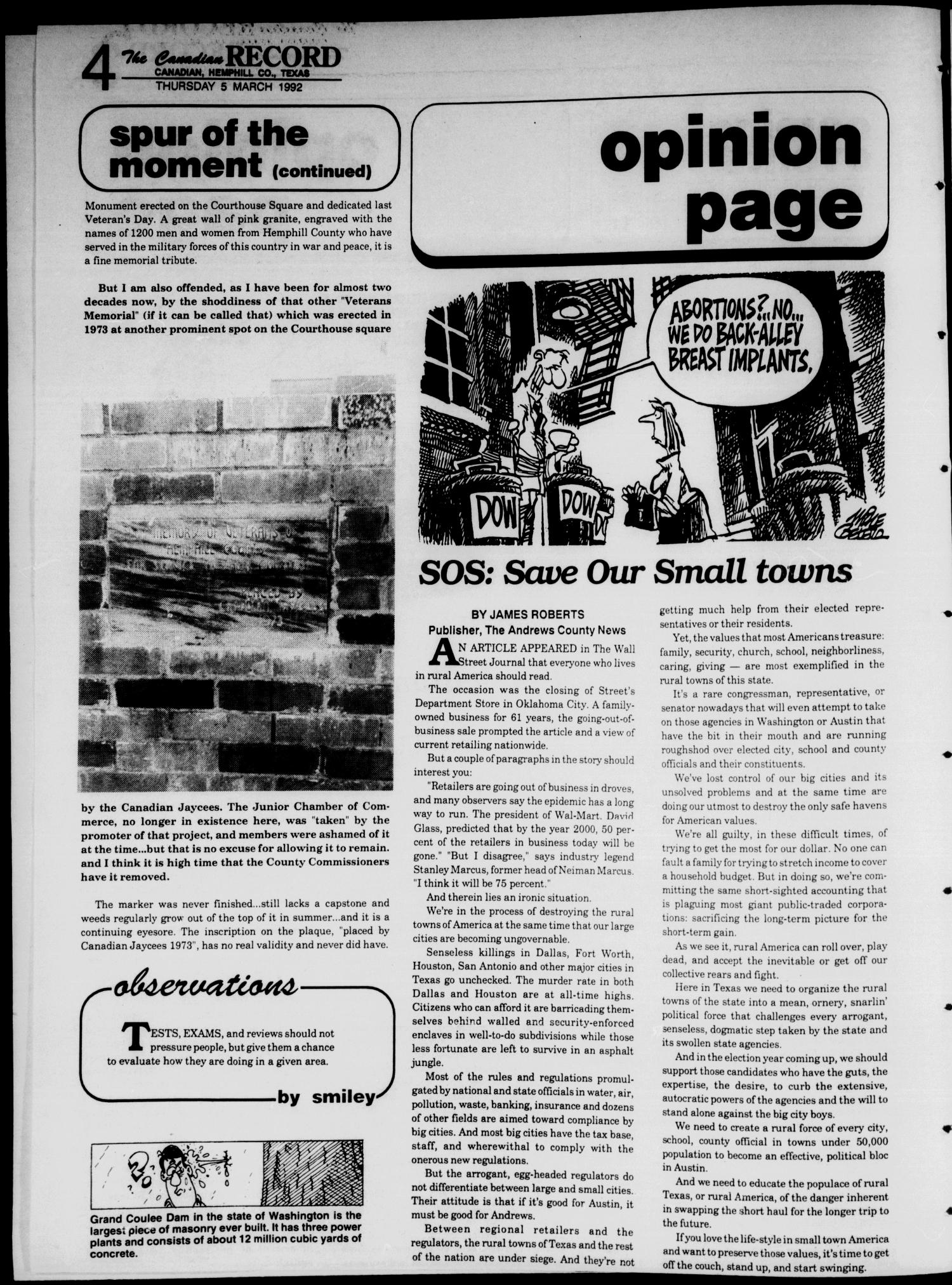 The Canadian Record (Canadian, Tex.), Vol. 102, No. 10, Ed. 1 Thursday, March 5, 1992
                                                
                                                    [Sequence #]: 4 of 36
                                                