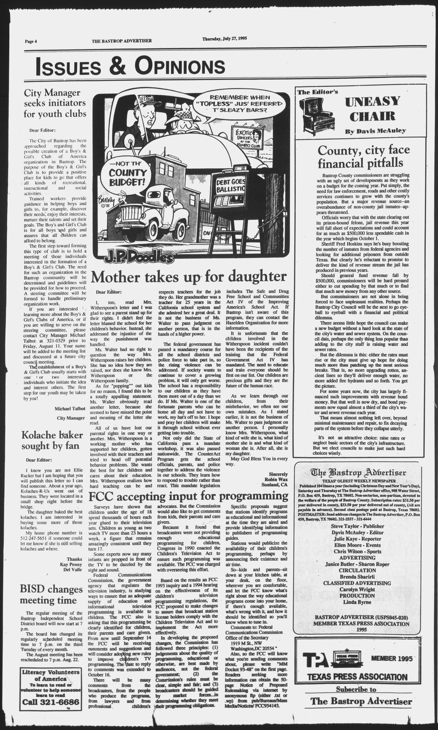 The Bastrop Advertiser (Bastrop, Tex.), Vol. 142, No. 43, Ed. 1 Thursday, July 27, 1995
                                                
                                                    [Sequence #]: 4 of 36
                                                