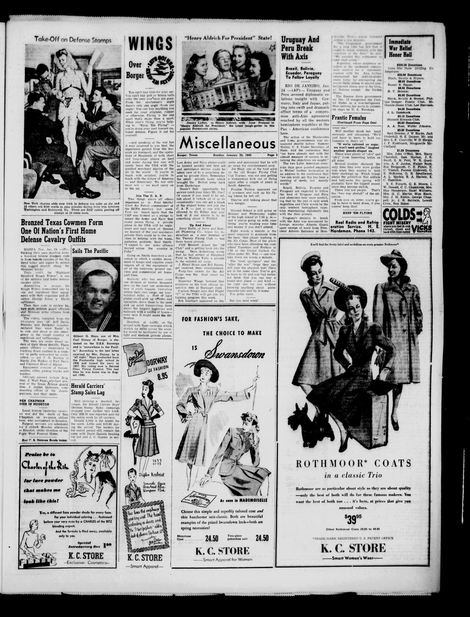 Borger Daily Herald (Borger, Tex.), Vol. 16, No. 55, Ed. 1 Sunday, January 25, 1942
                                                
                                                    [Sequence #]: 3 of 8
                                                