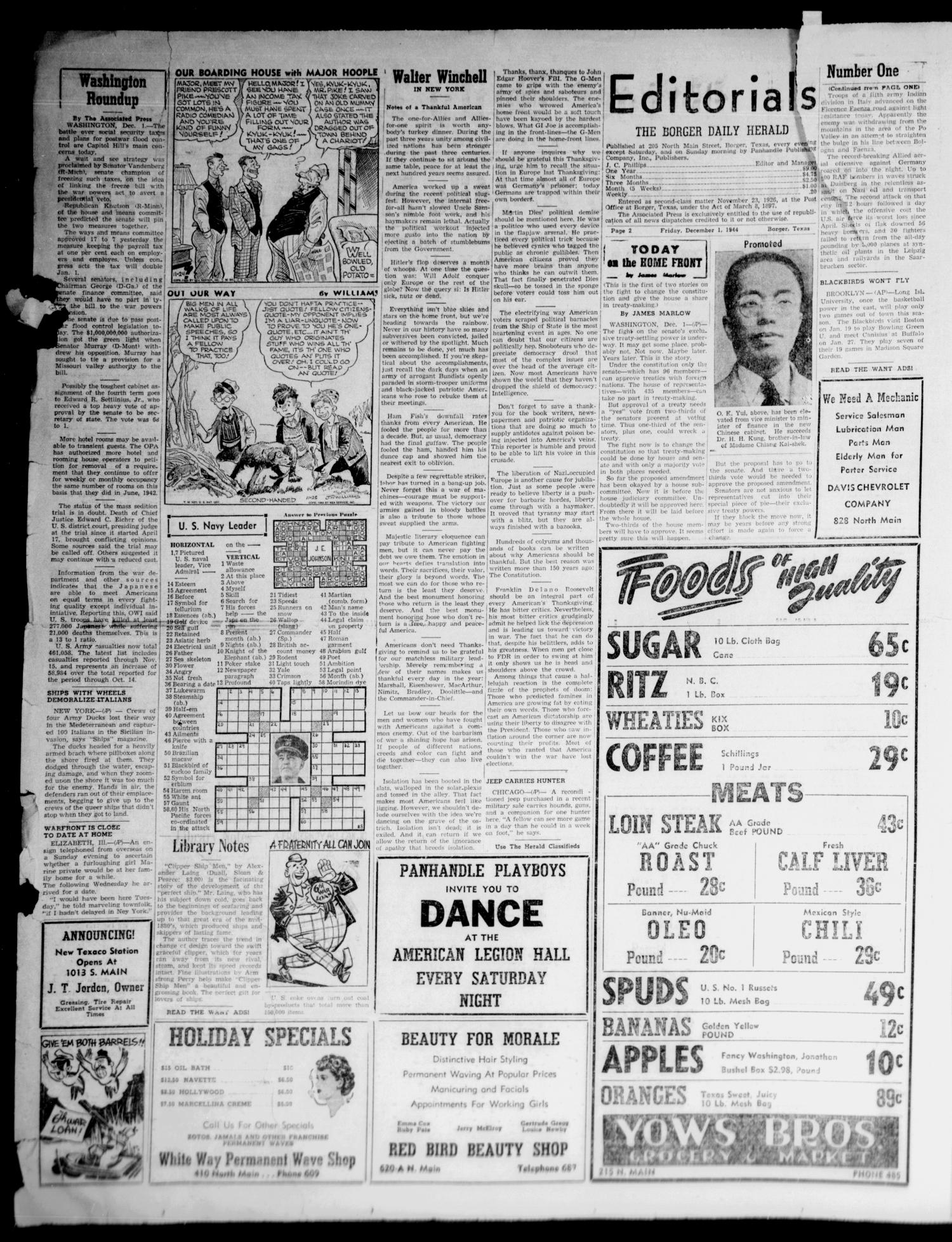 Borger Daily Herald (Borger, Tex.), Vol. 19, No. 5, Ed. 1 Friday, December 1, 1944
                                                
                                                    [Sequence #]: 2 of 6
                                                