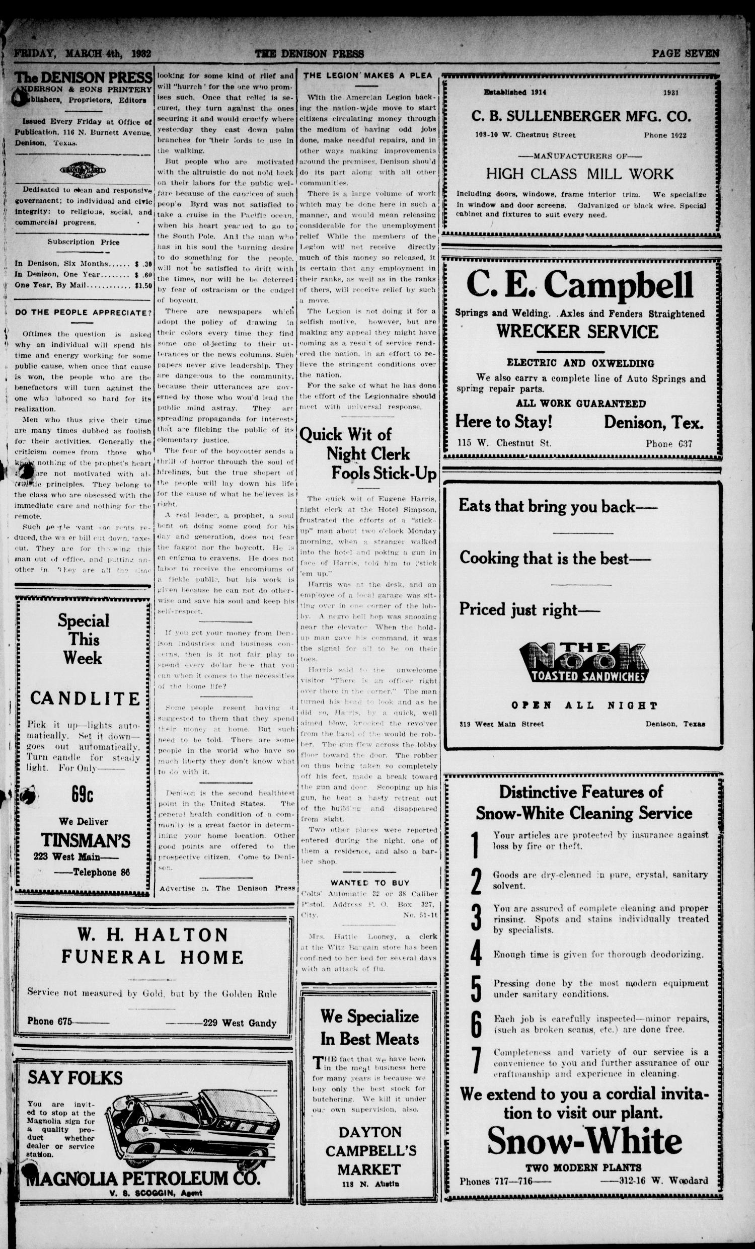 The Denison Press (Denison, Tex.), Vol. 1, No. 51, Ed. 1 Friday, March 4, 1932
                                                
                                                    [Sequence #]: 7 of 8
                                                