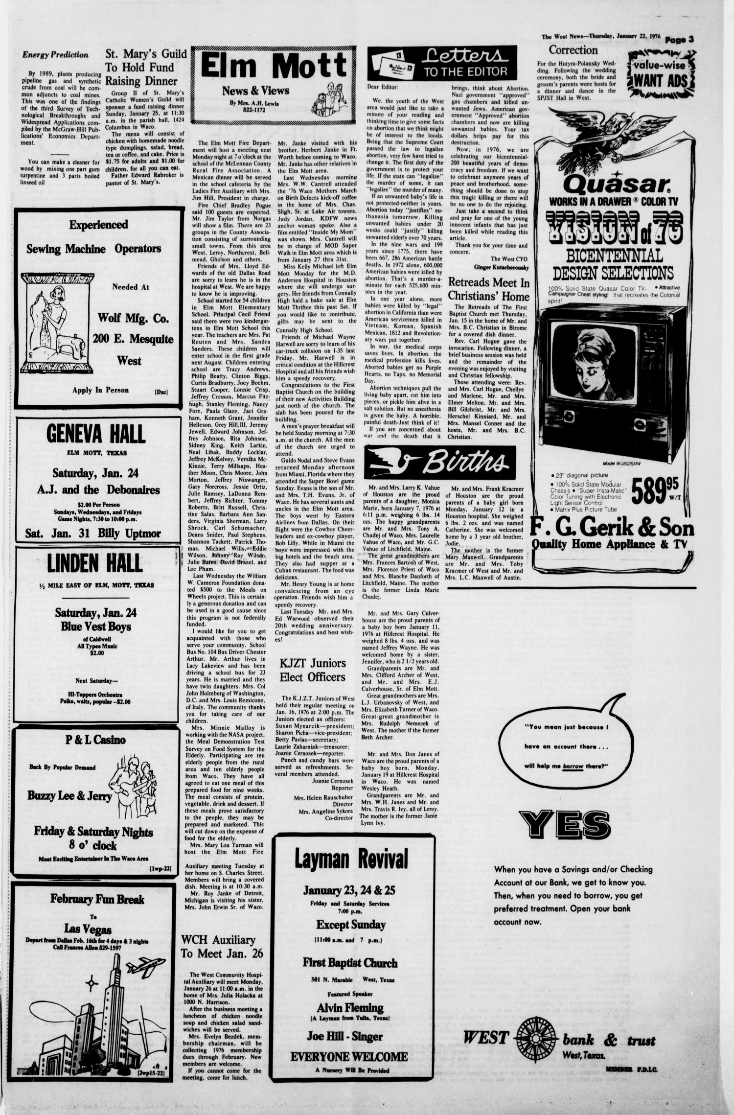The West News (West, Tex.), Vol. 86, No. 3, Ed. 1 Thursday, January 22, 1976
                                                
                                                    [Sequence #]: 3 of 8
                                                