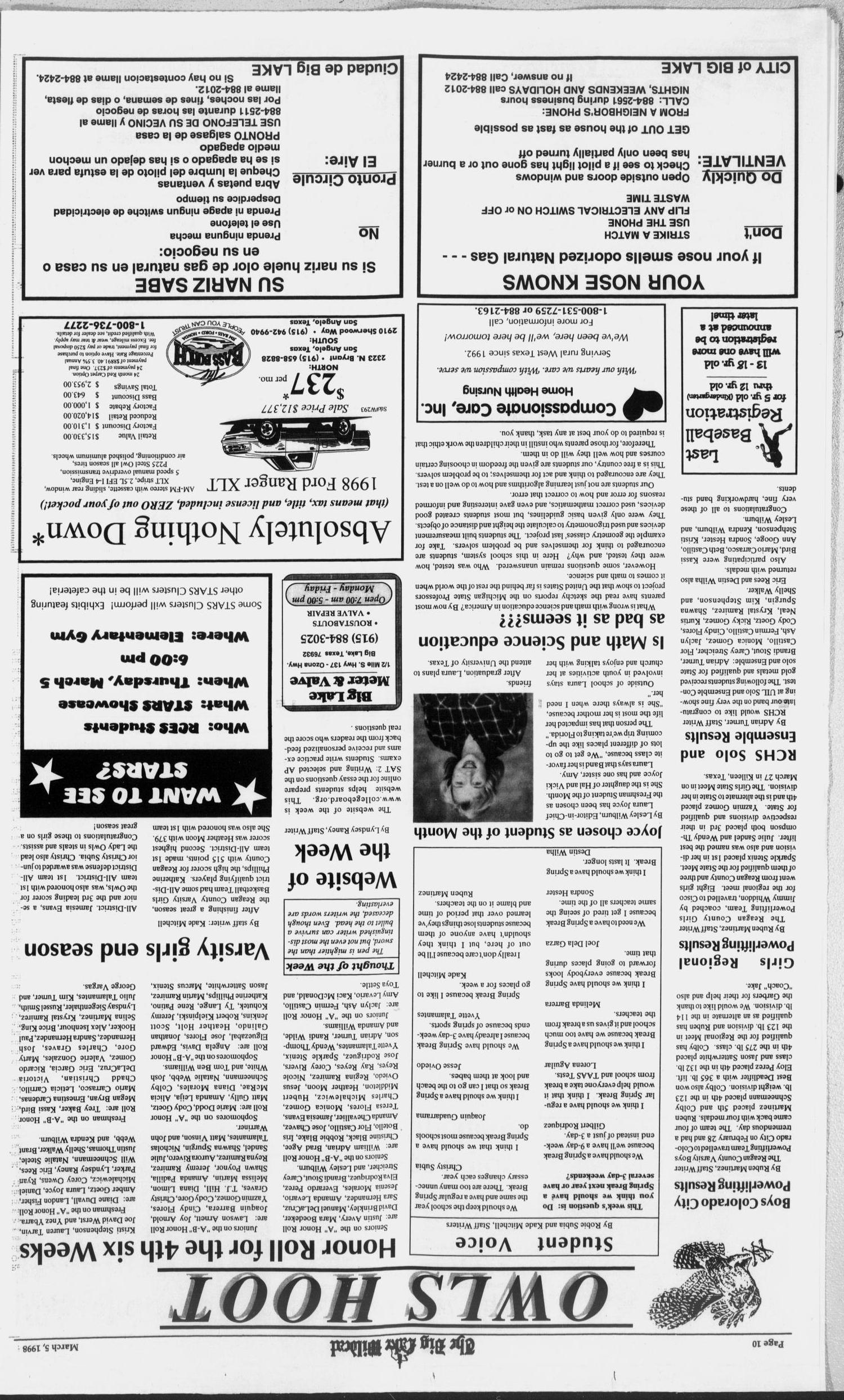 The Big Lake Wildcat (Big Lake, Tex.), Vol. SEVENTY-THIRD YEAR, No. 10, Ed. 1 Thursday, March 5, 1998
                                                
                                                    [Sequence #]: 10 of 12
                                                