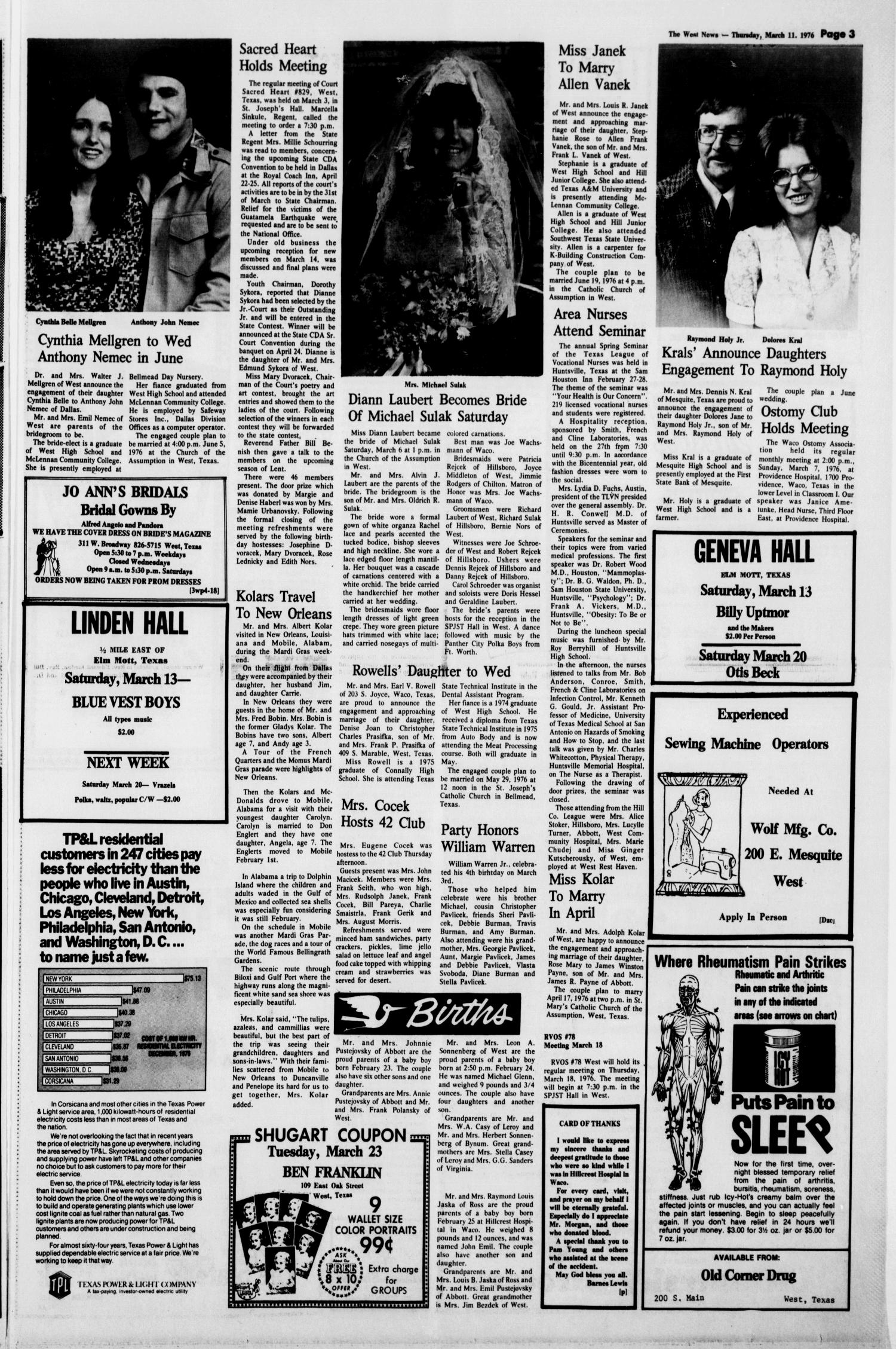The West News (West, Tex.), Vol. 86, No. 10, Ed. 1 Thursday, March 11, 1976
                                                
                                                    [Sequence #]: 3 of 10
                                                