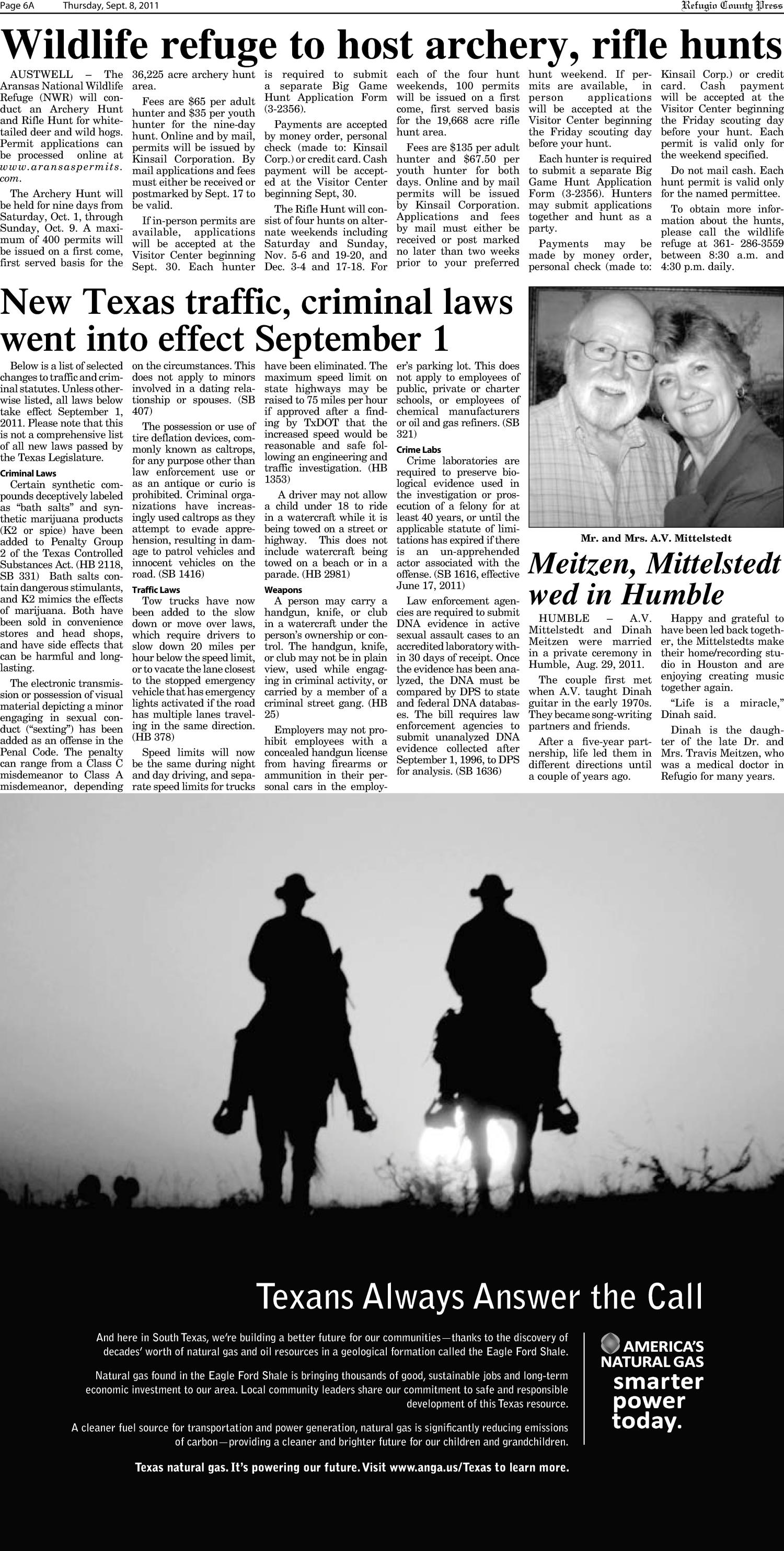 Refugio County Press (Refugio, Tex.), Vol. 52, No. 5, Ed. 1 Thursday, September 8, 2011
                                                
                                                    [Sequence #]: 6 of 20
                                                