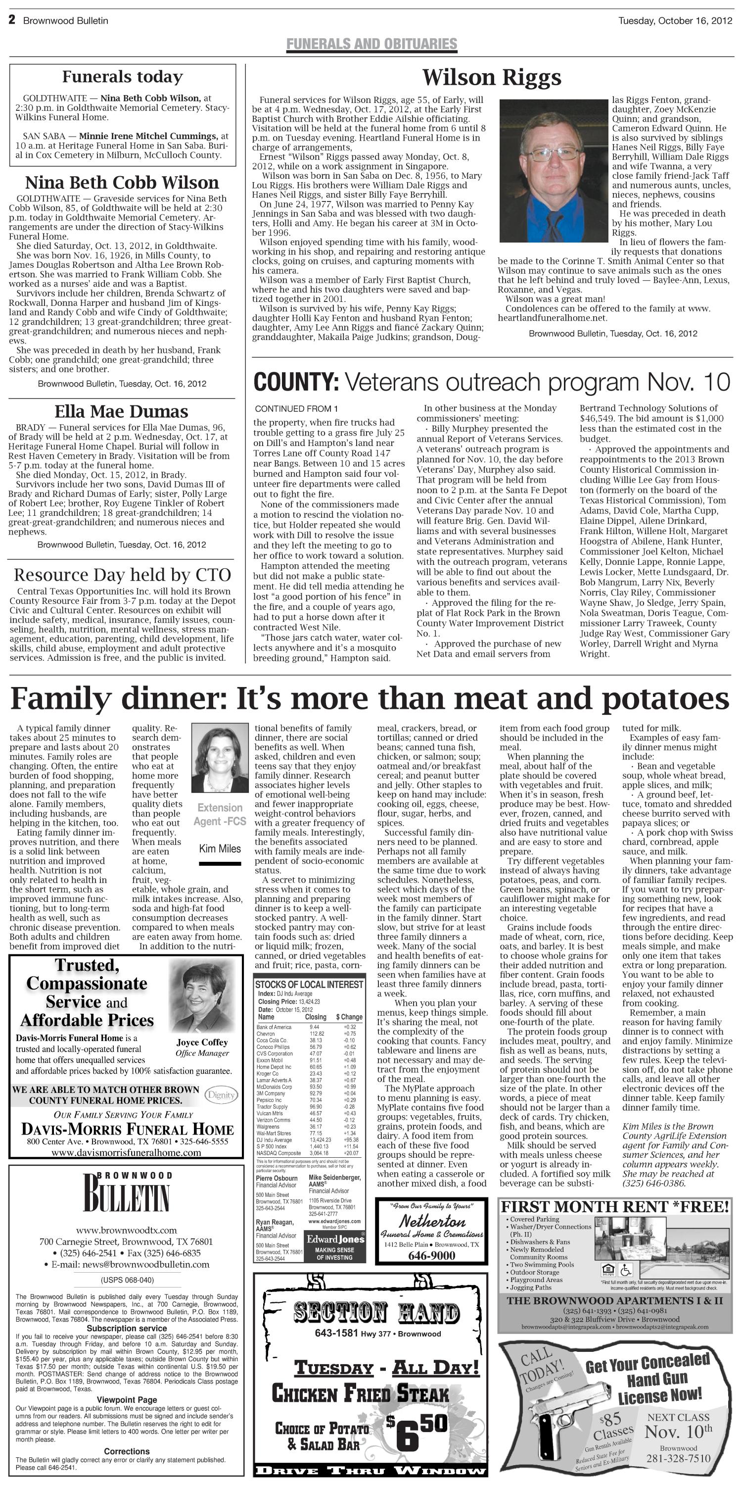 Brownwood Bulletin (Brownwood, Tex.), Vol. 113, No. 1, Ed. 1 Tuesday, October 16, 2012
                                                
                                                    [Sequence #]: 2 of 10
                                                