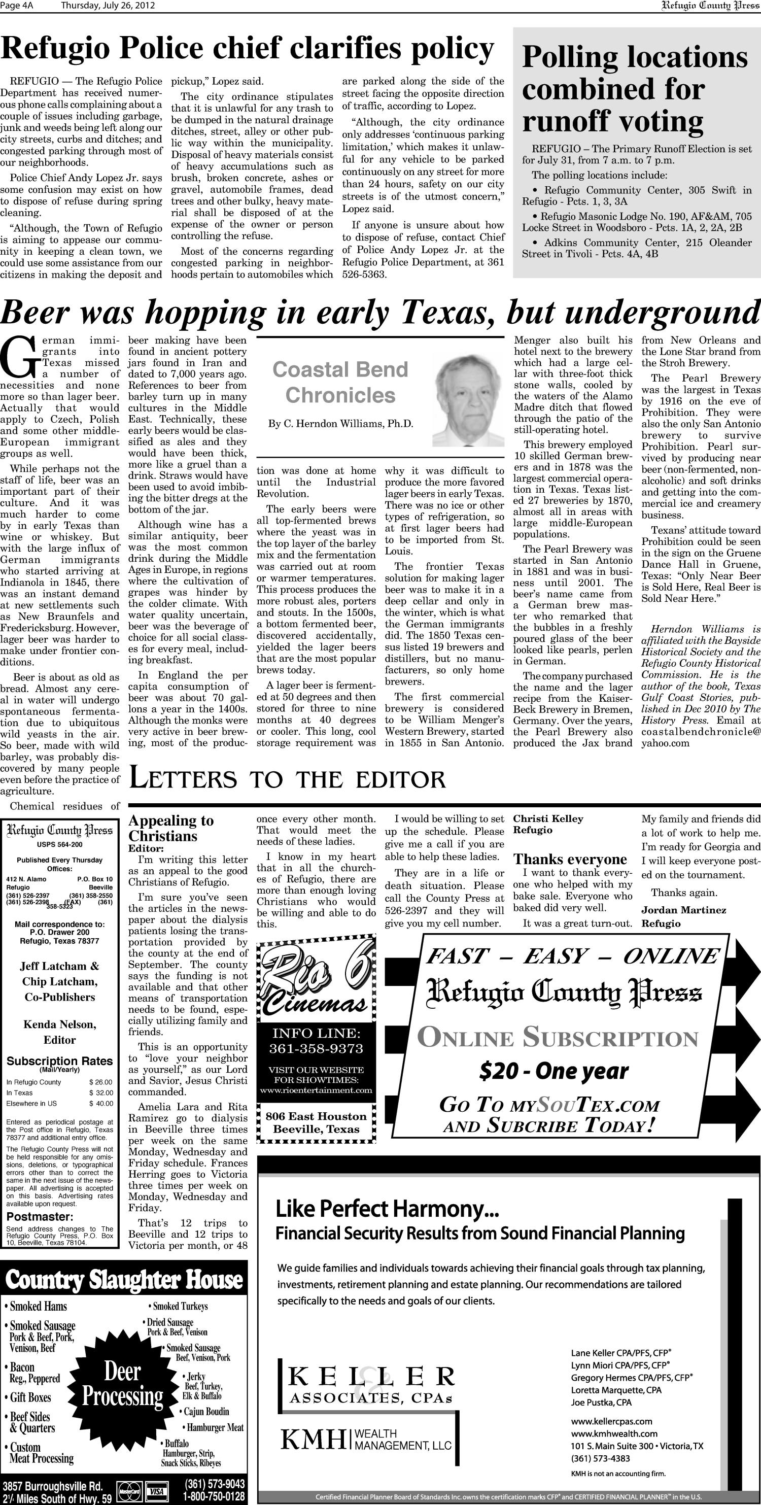 Refugio County Press (Refugio, Tex.), Vol. 52, No. 51, Ed. 1 Thursday, July 26, 2012
                                                
                                                    [Sequence #]: 4 of 16
                                                
