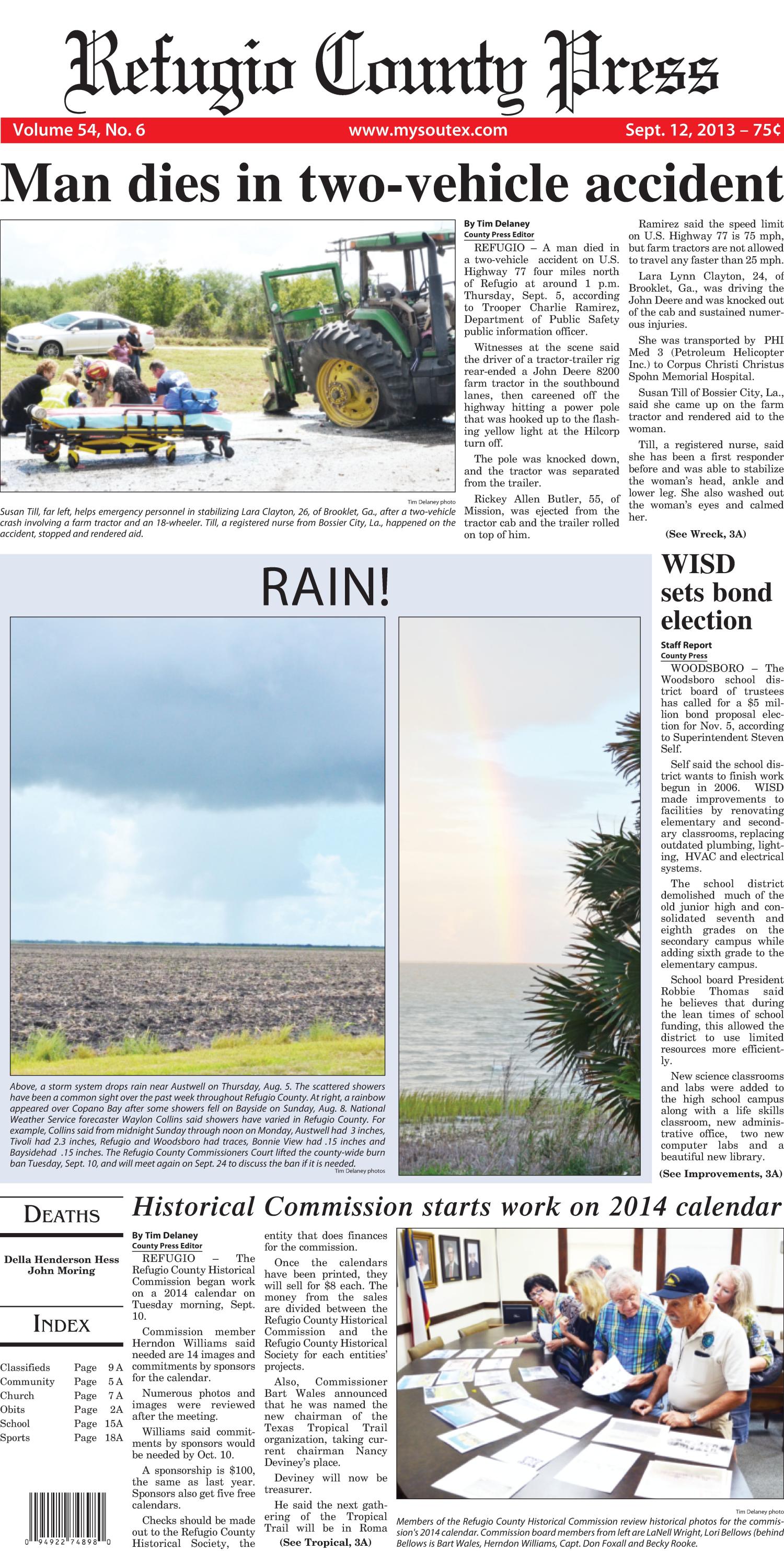 Refugio County Press (Refugio, Tex.), Vol. 54, No. 6, Ed. 1 Thursday, September 12, 2013
                                                
                                                    [Sequence #]: 1 of 20
                                                
