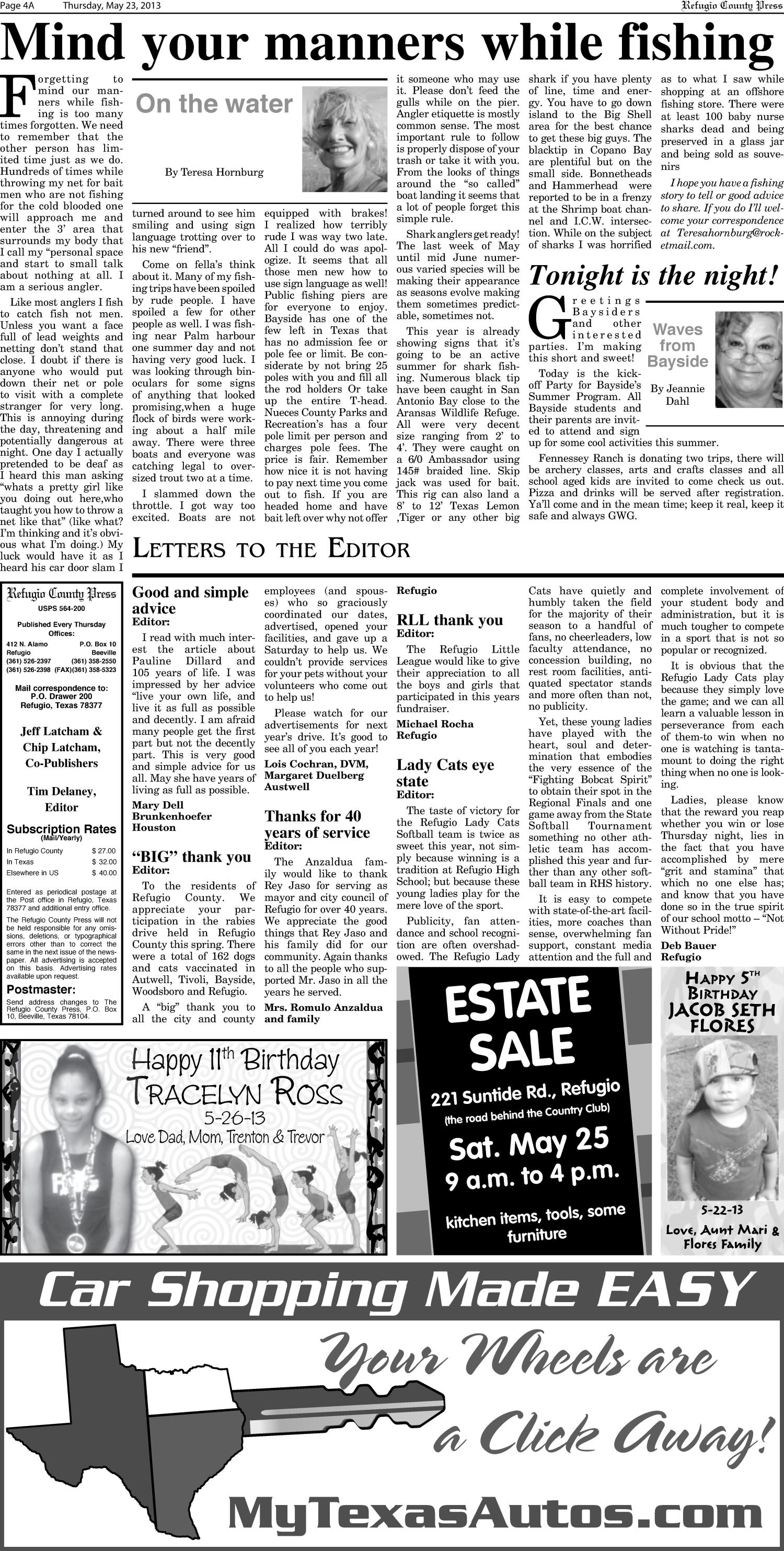 Refugio County Press (Refugio, Tex.), Vol. 53, No. 42, Ed. 1 Thursday, May 23, 2013
                                                
                                                    [Sequence #]: 4 of 15
                                                